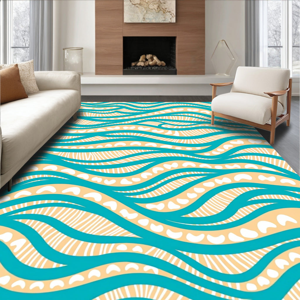 Teal Tan Wavy Organic Lines Rug
