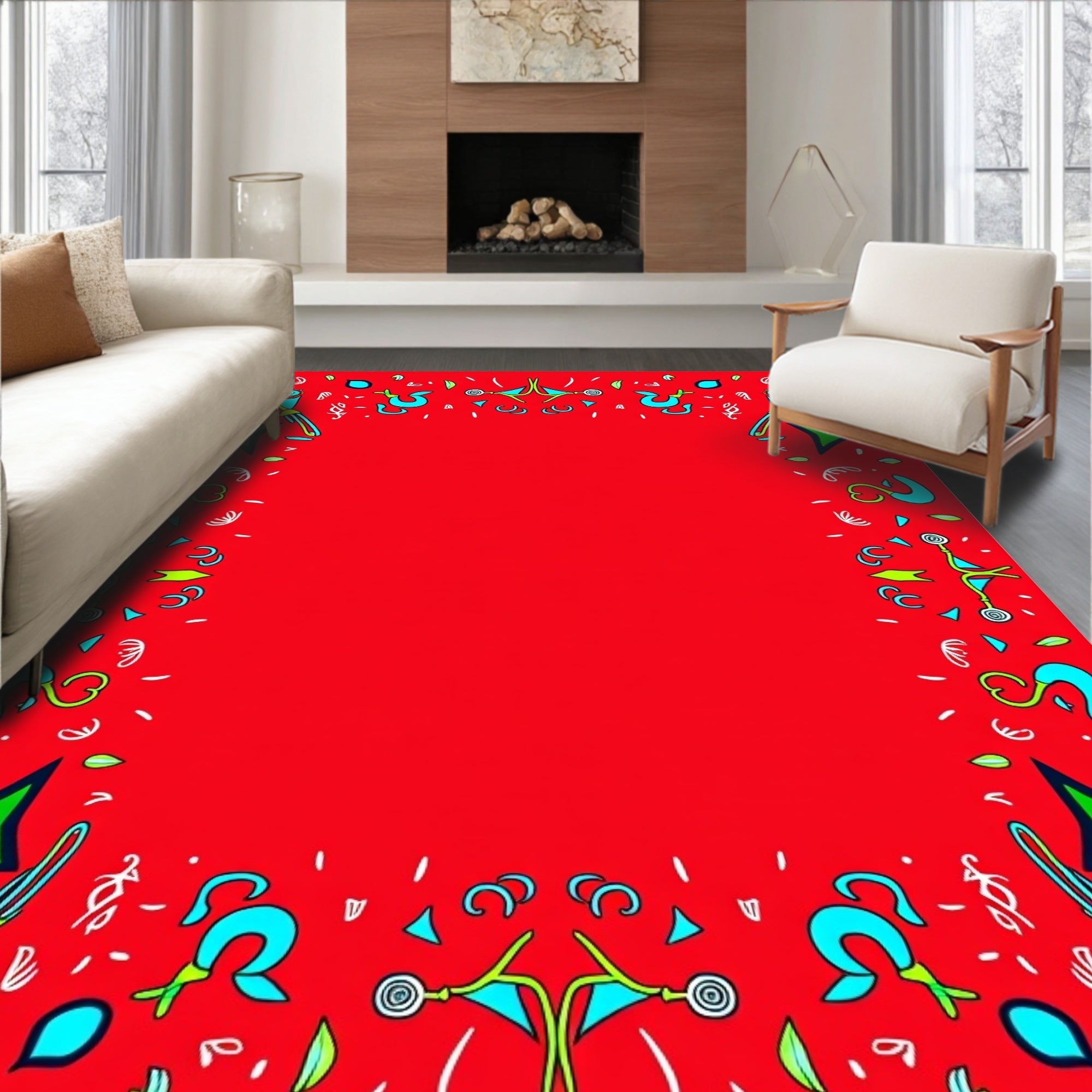 Red Blue Green Whimsical Geometric Frame Rug