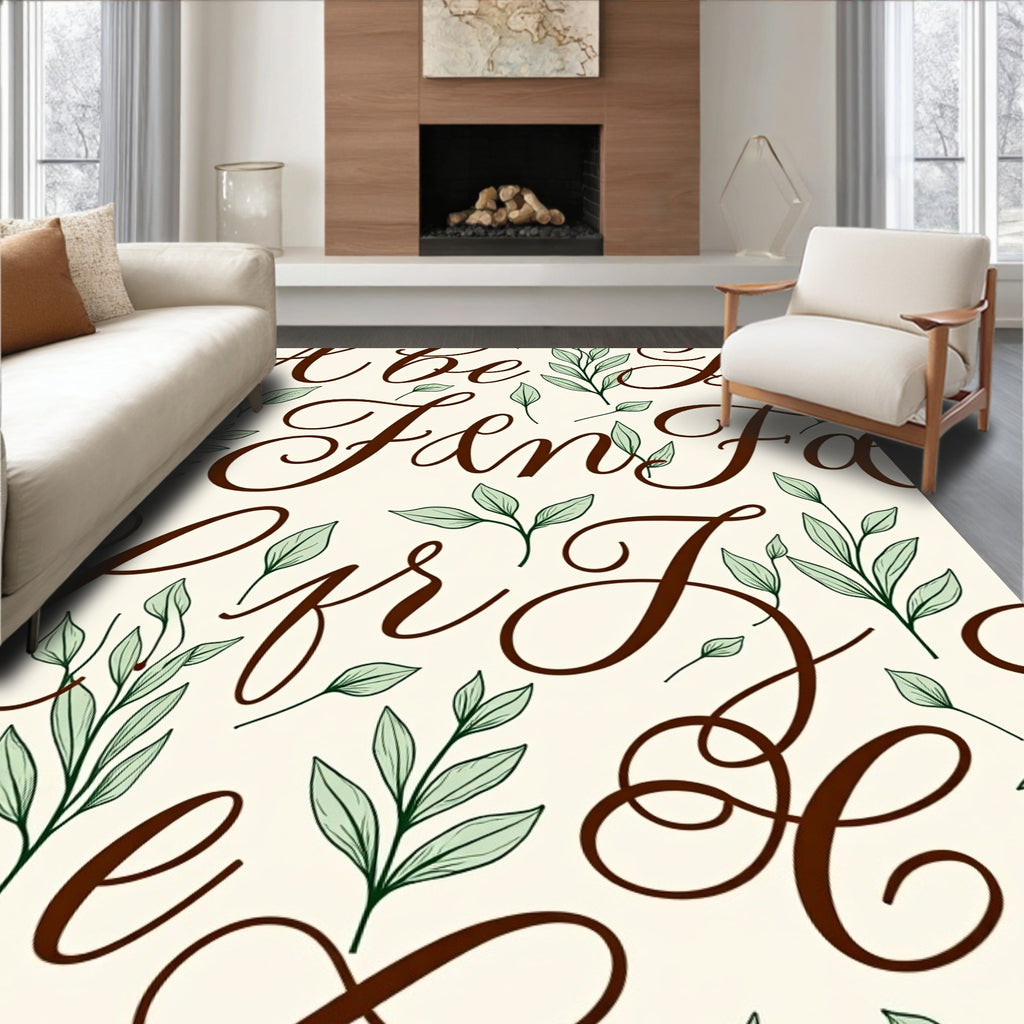 Brown Calligraphy Leaf Print Rug