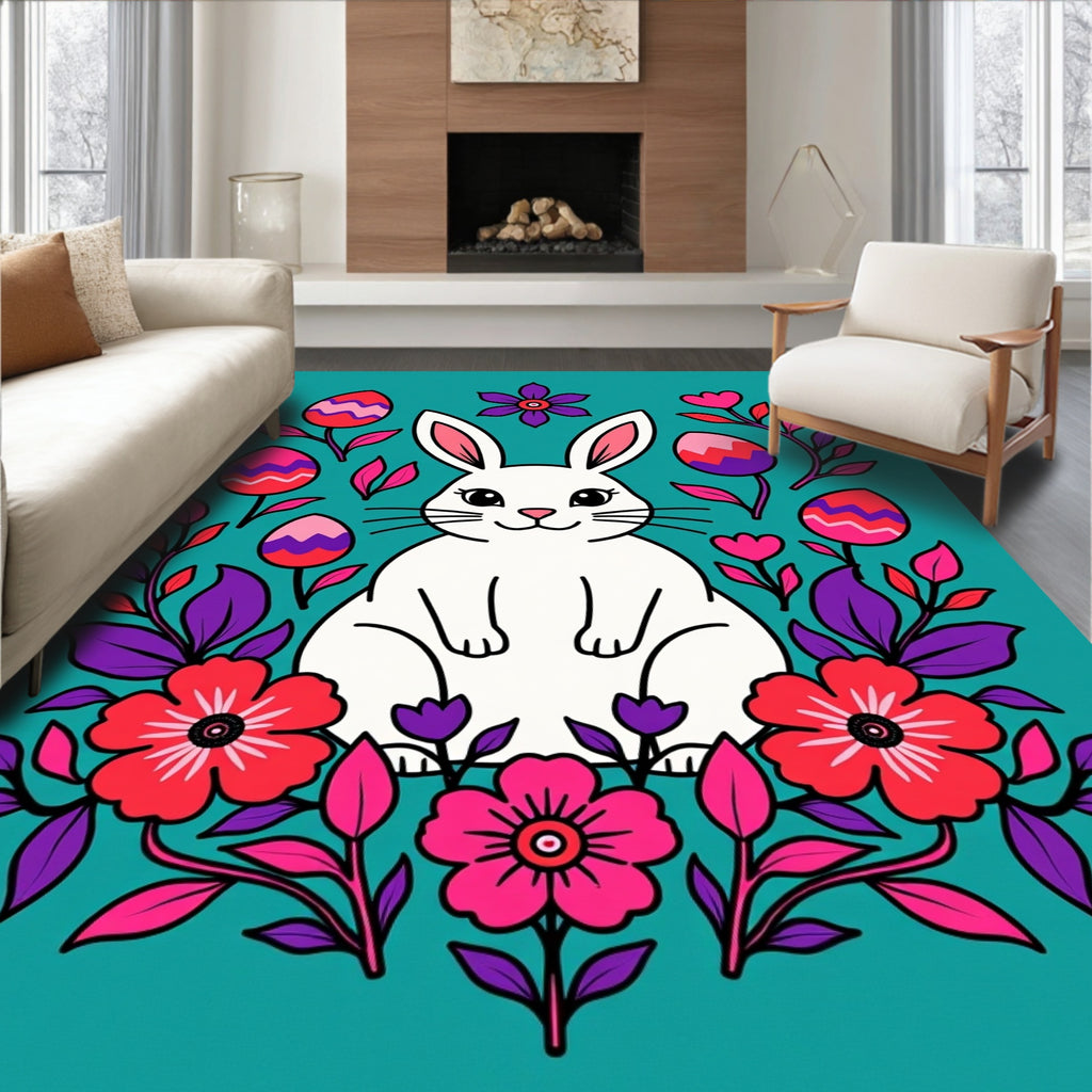 Playful White Bunny Floral Easter Eggs Rug