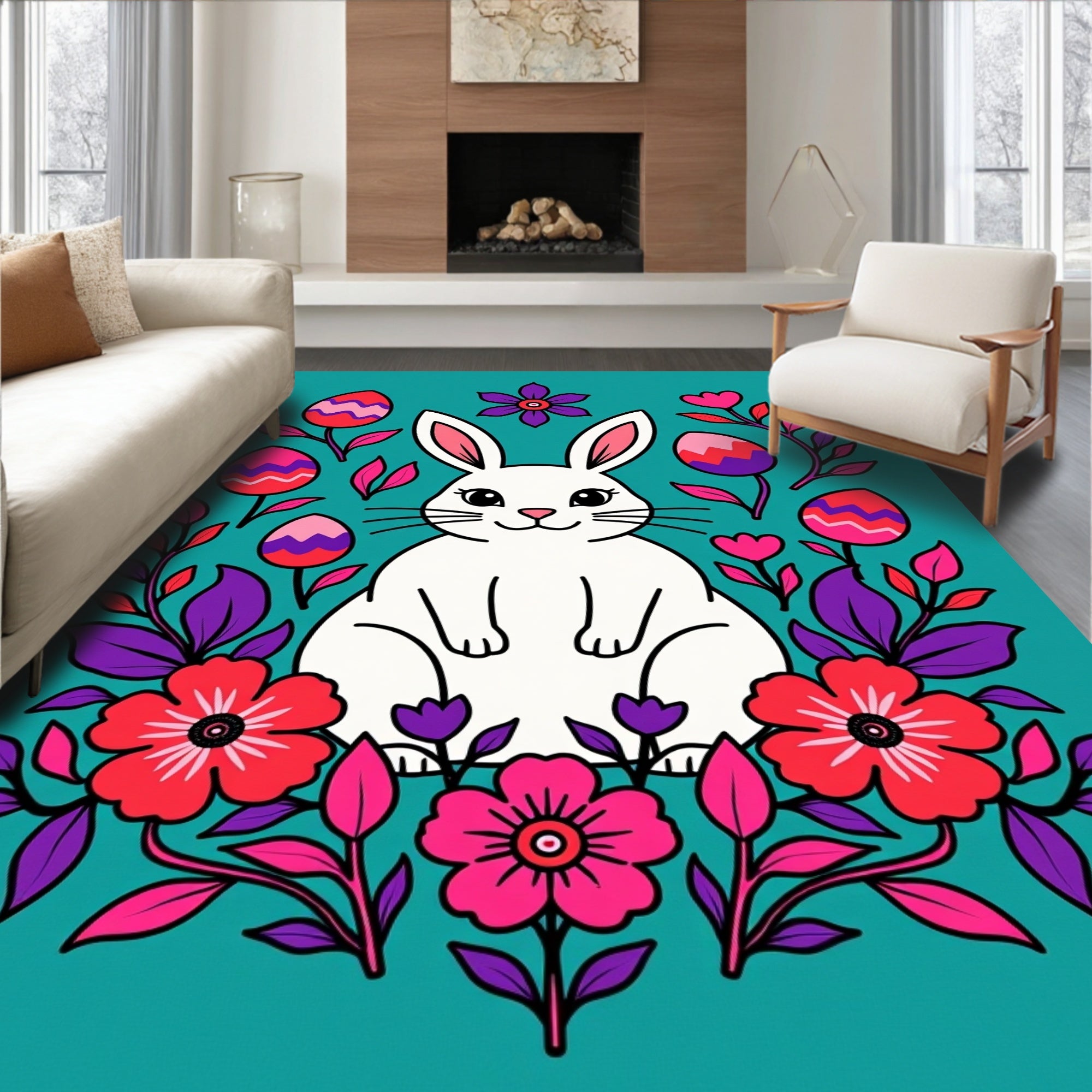 Playful White Bunny Floral Easter Eggs Rug