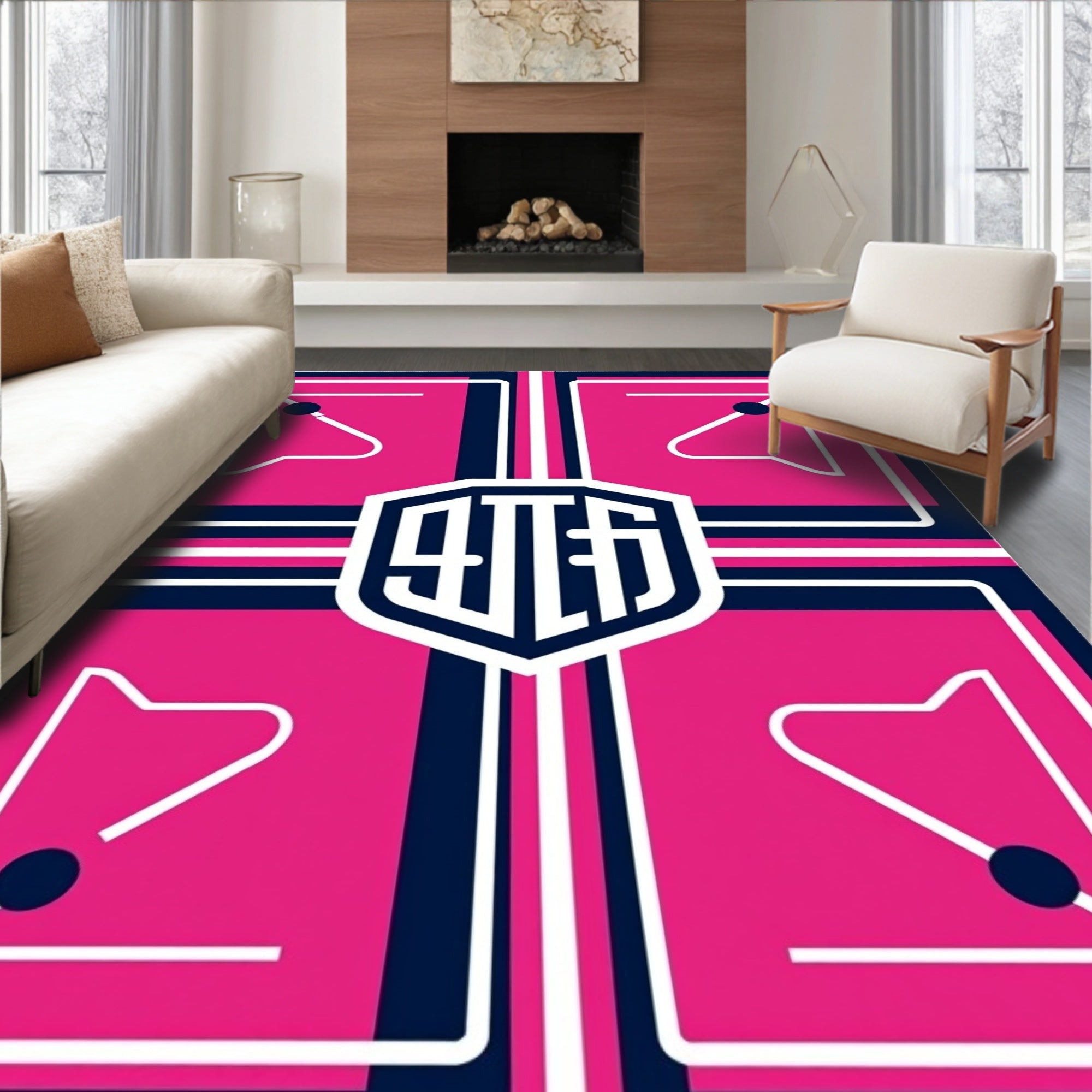 Hot Pink Navy White Geometric Crest Rug