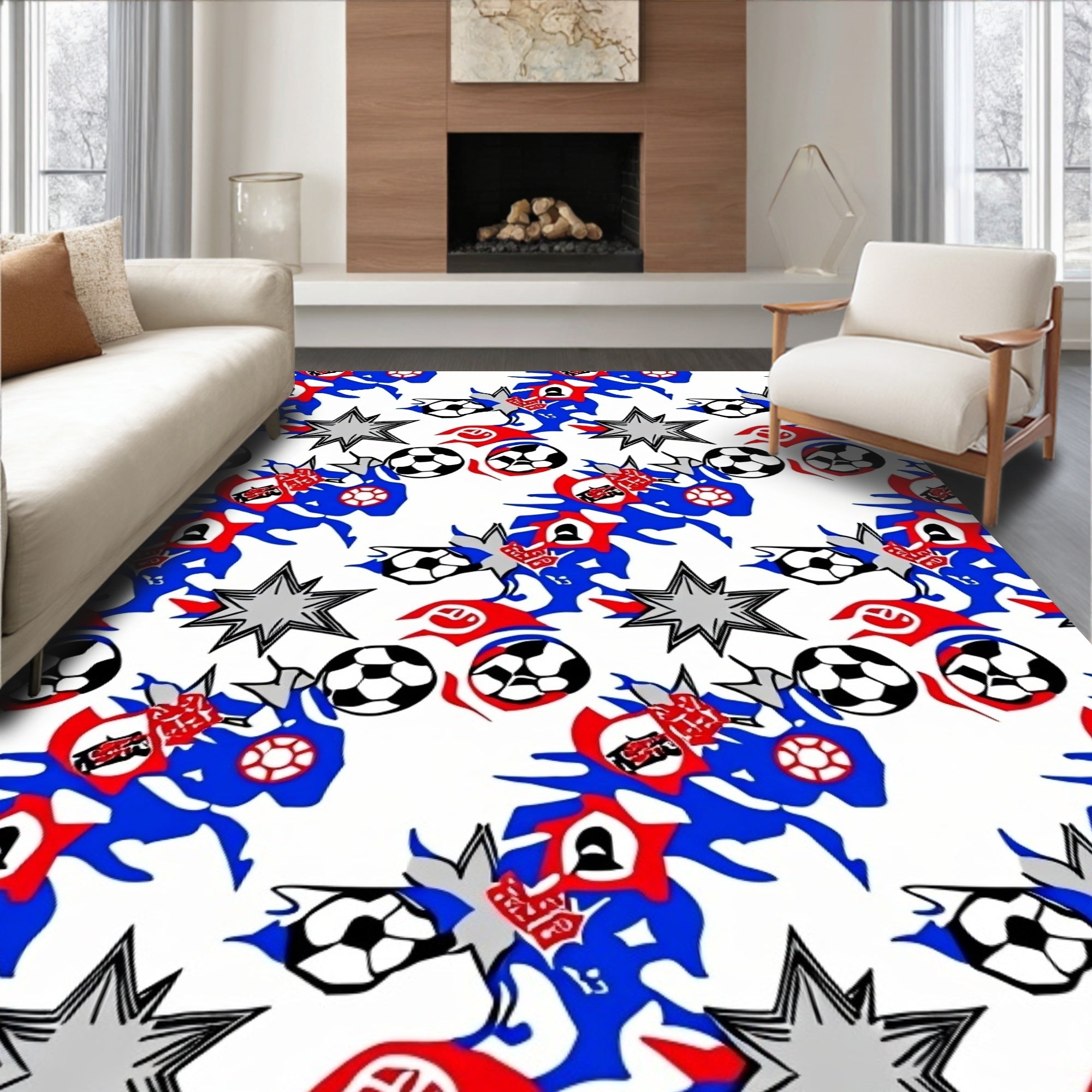 Dynamic Red Blue Soccer Star Burst Rug