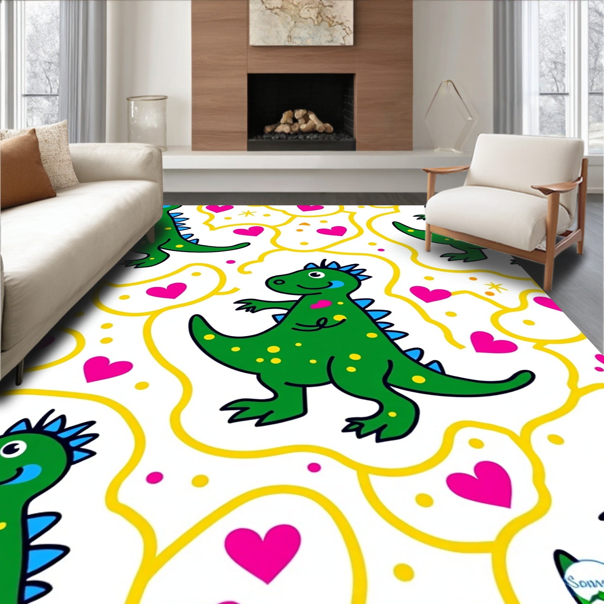 Green Dinosaur Hearts Yellow Swirls Rug