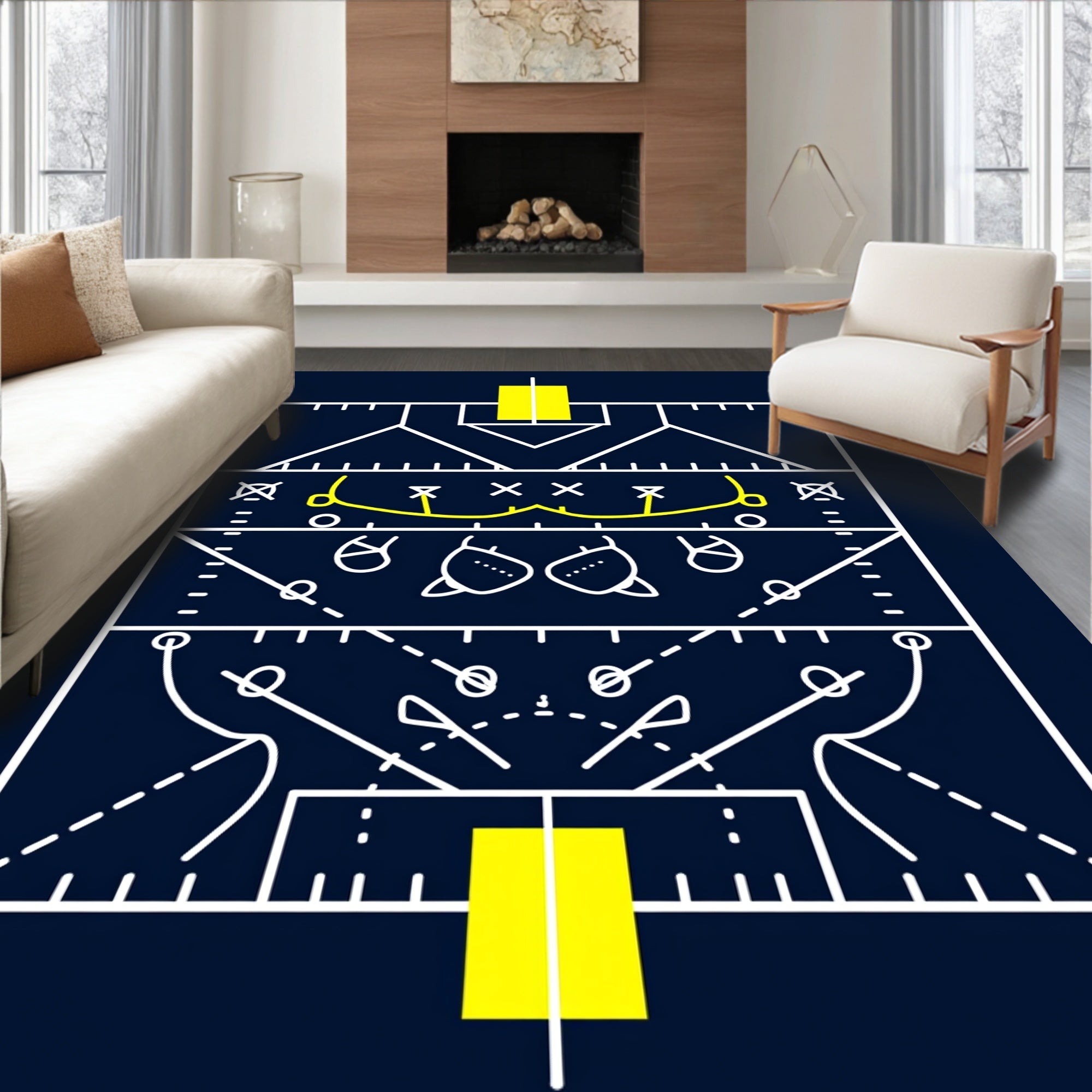 Navy Blue White Yellow Football Tactics Rug