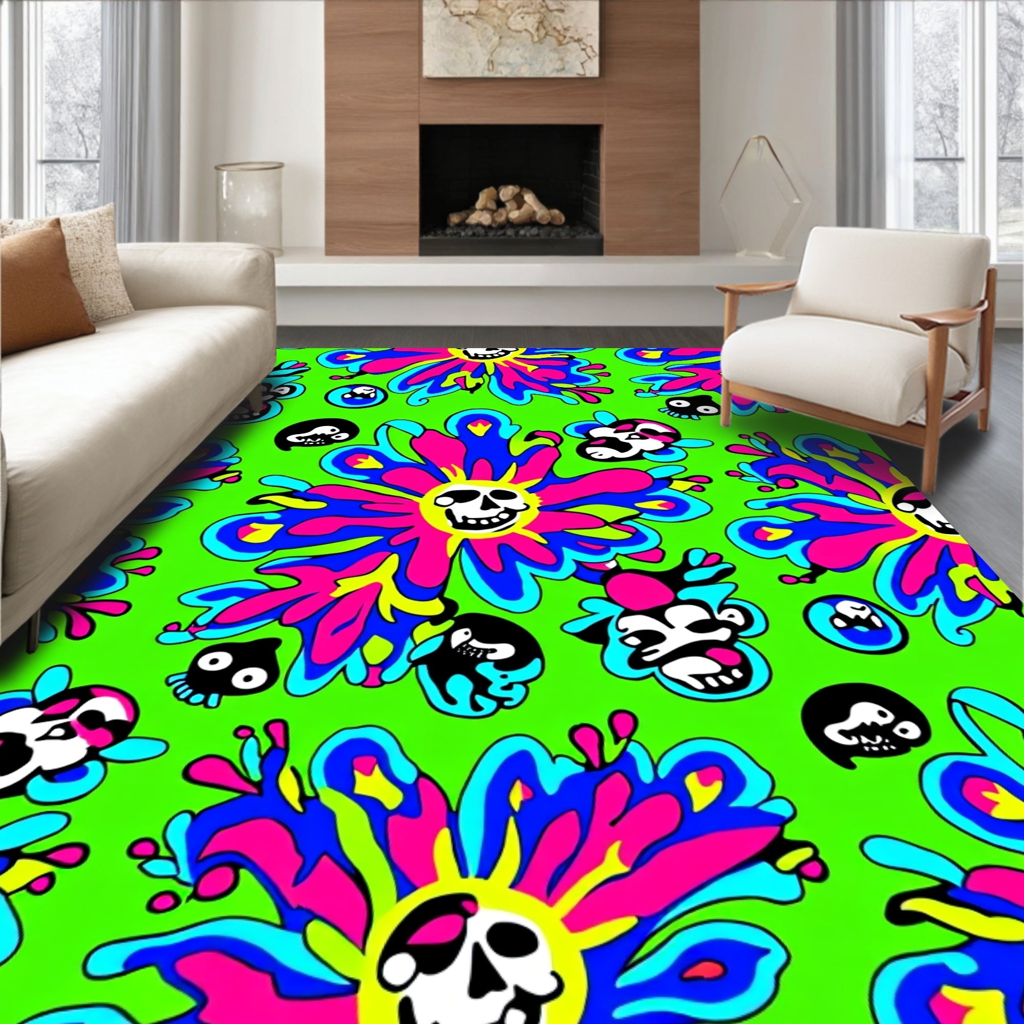 Psychedelic Skull Flower Explosion Rug