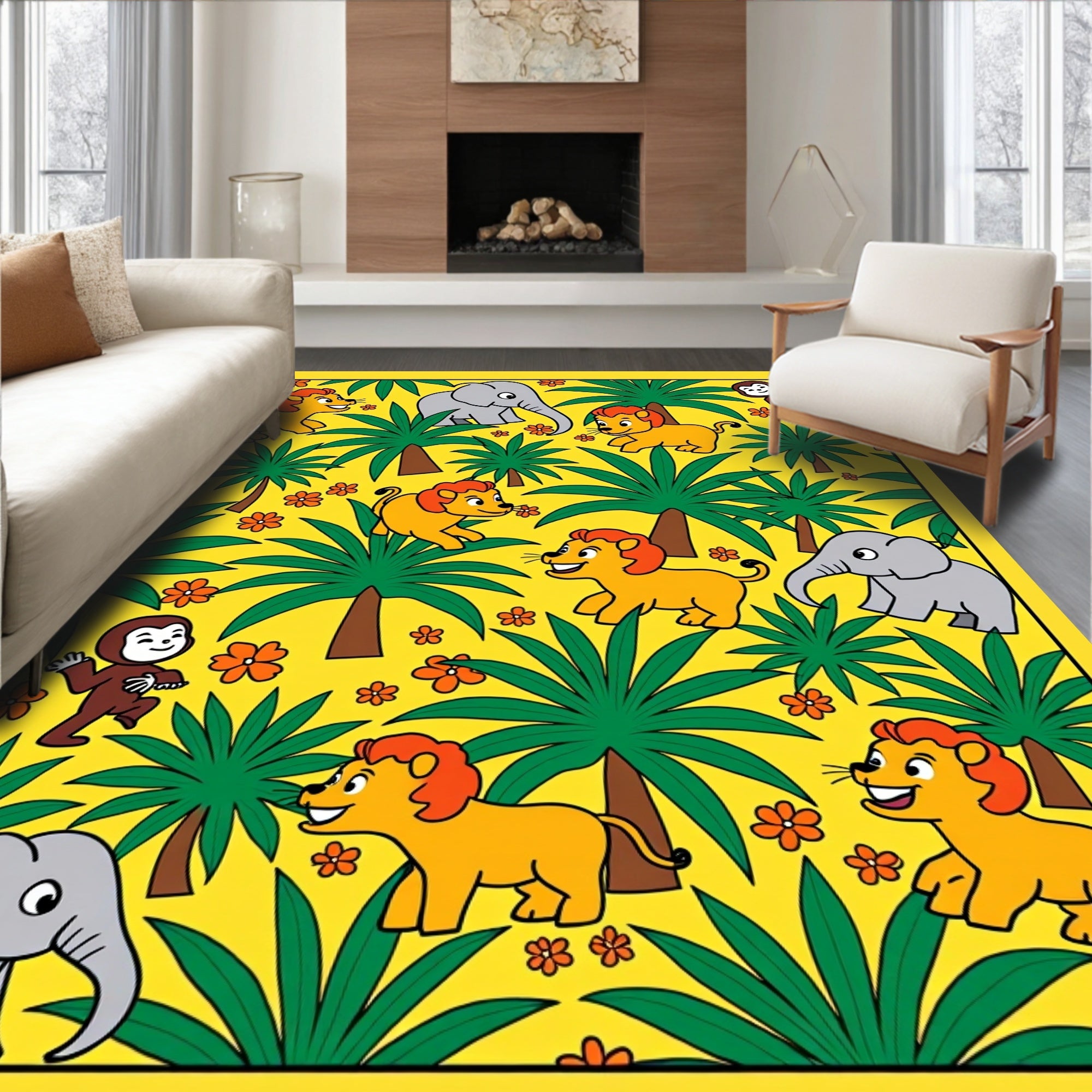 Playful yellow jungle with lions elephants Rug