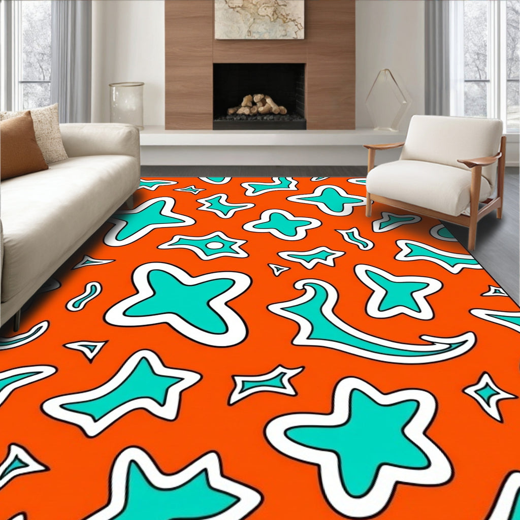Bold Orange Teal Irregular Shapes Rug