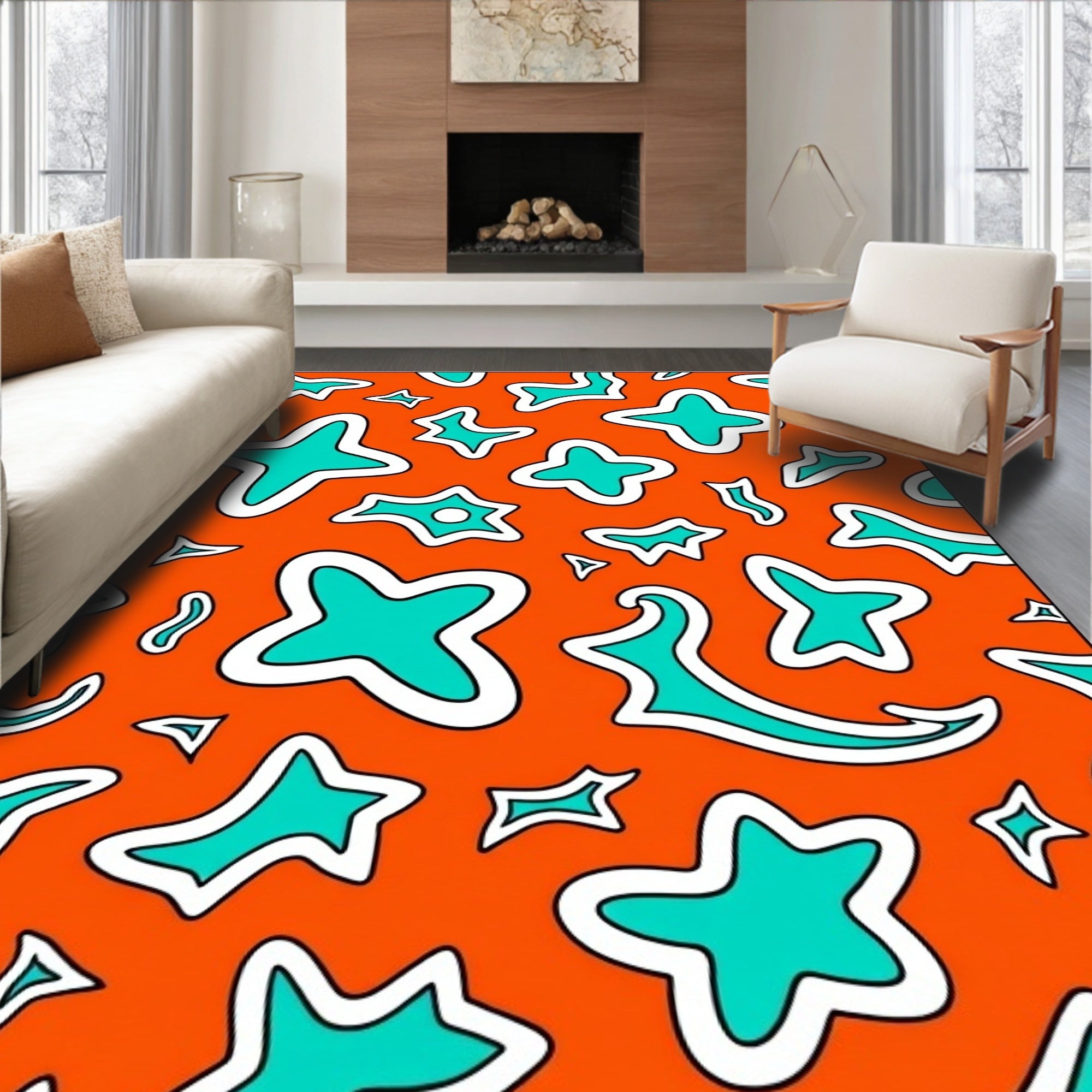 Bold Orange Teal Irregular Shapes Rug
