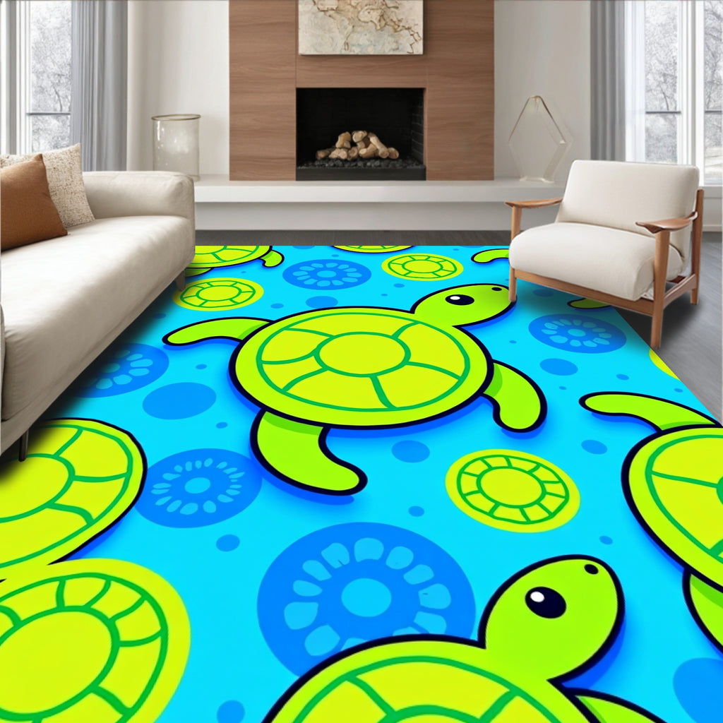 Bright Lime Green Turtle Aquatic Scene Rug