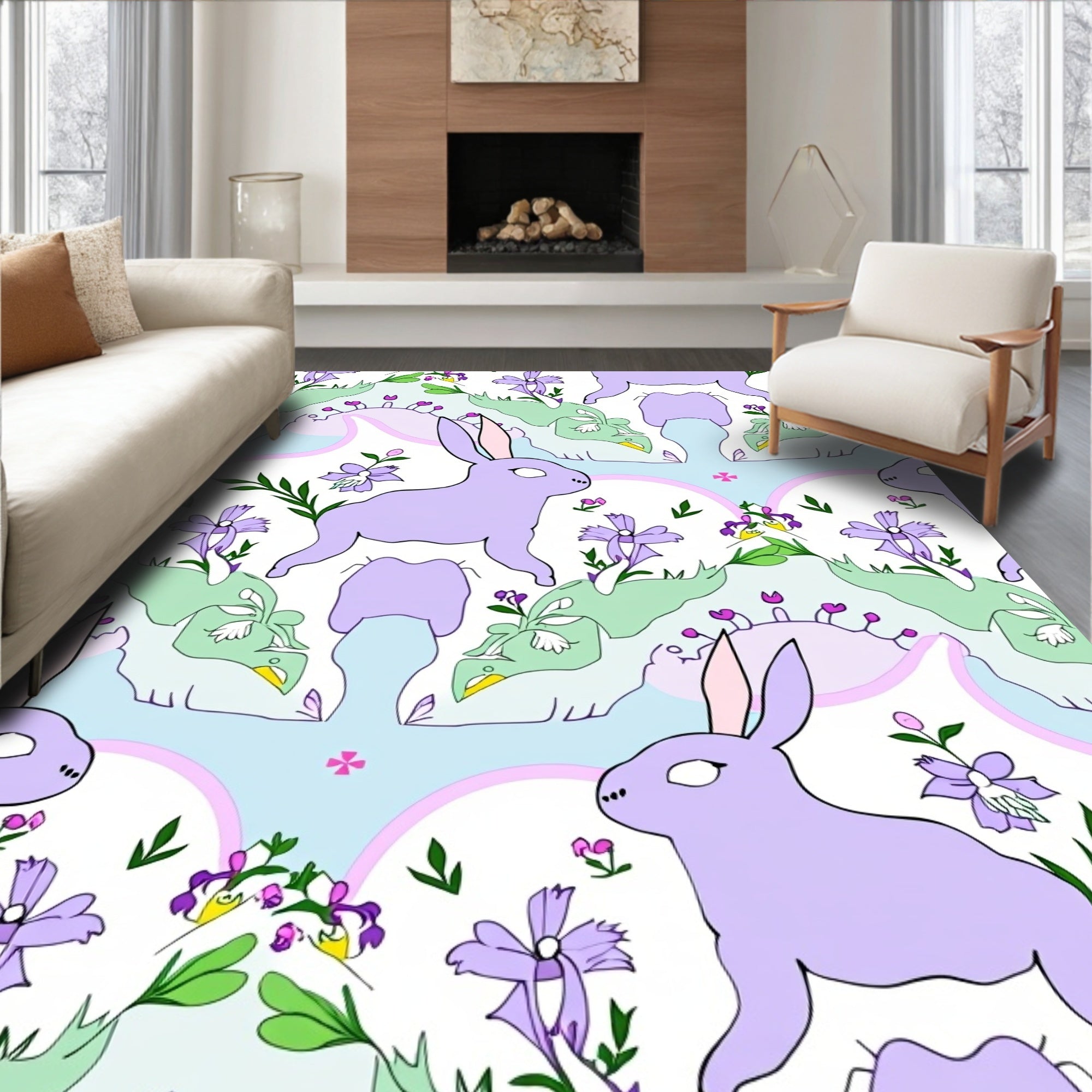 Lavender Bunny Pastel Garden Meadow Rug
