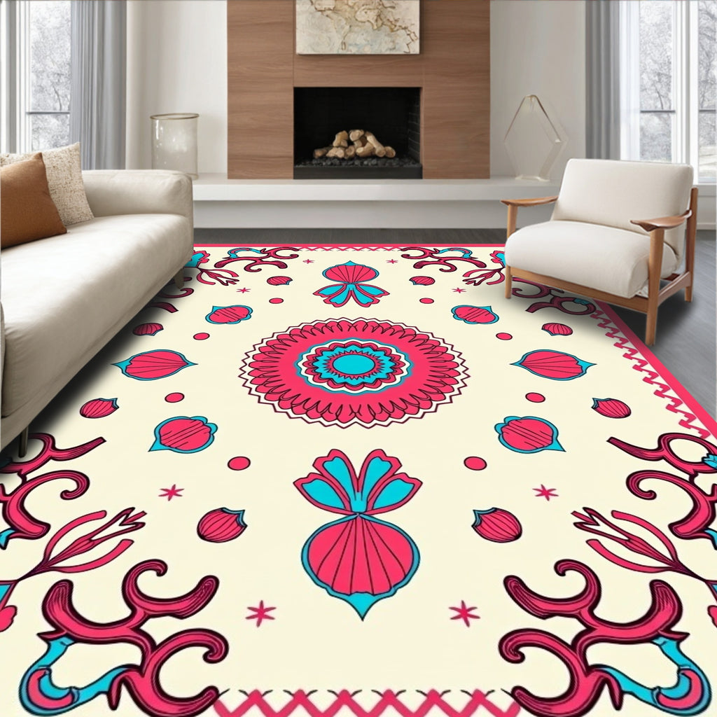 Vibrant Floral Medallion Cream Rug
