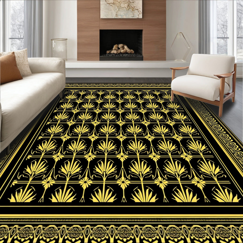 Black Gold Art Deco Floral Rug