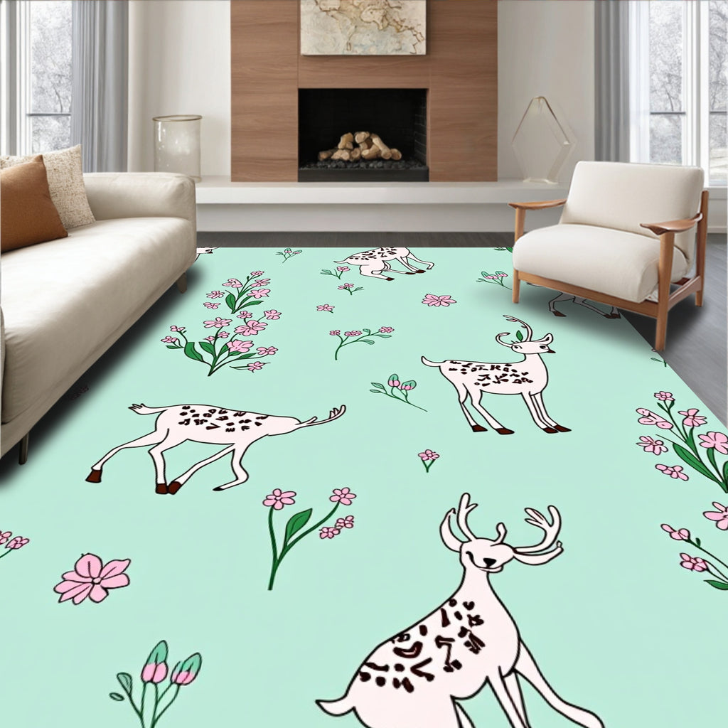 Whimsical Pink Floral Deer Meadow Rug