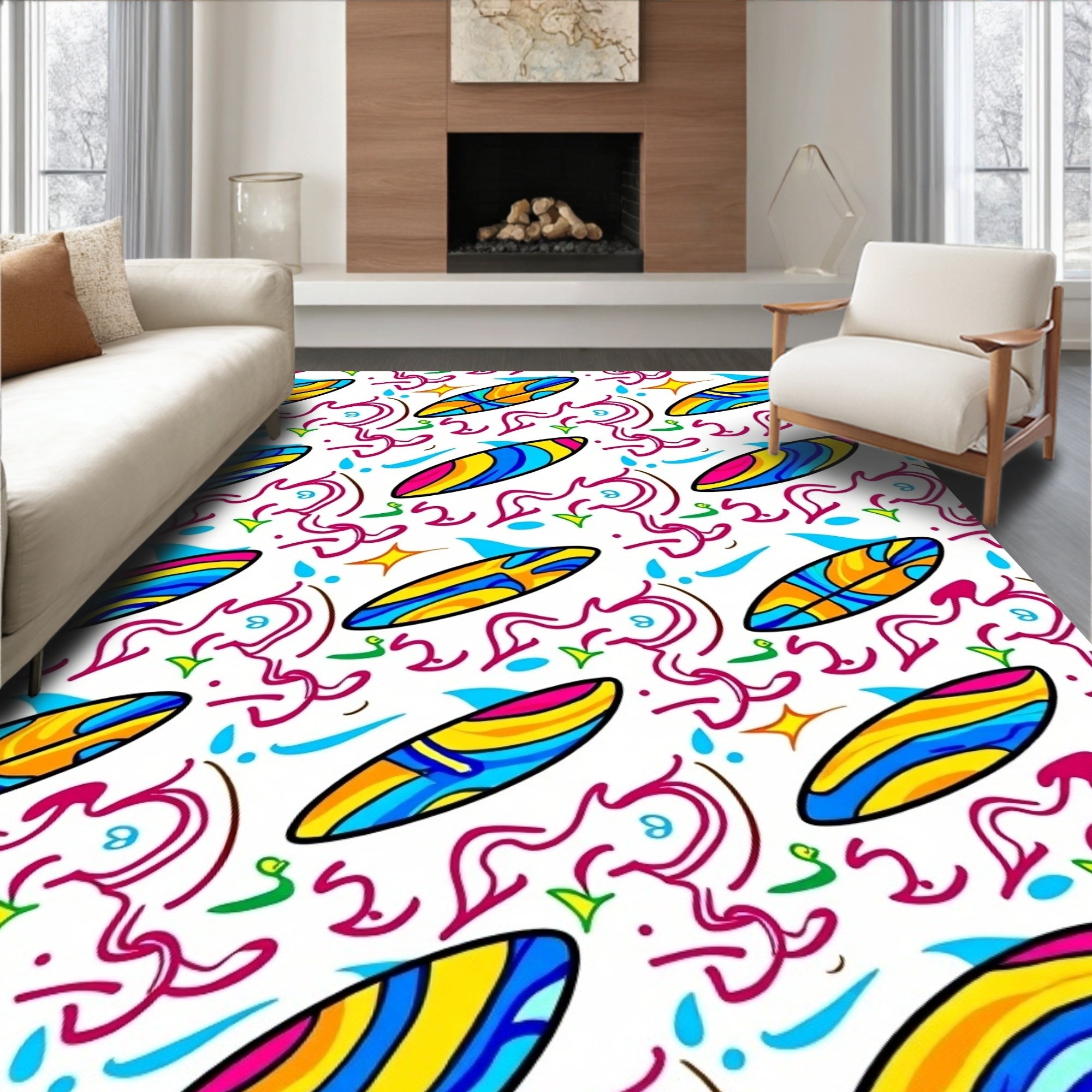 Vibrant Surfboard Splash Abstract Rug