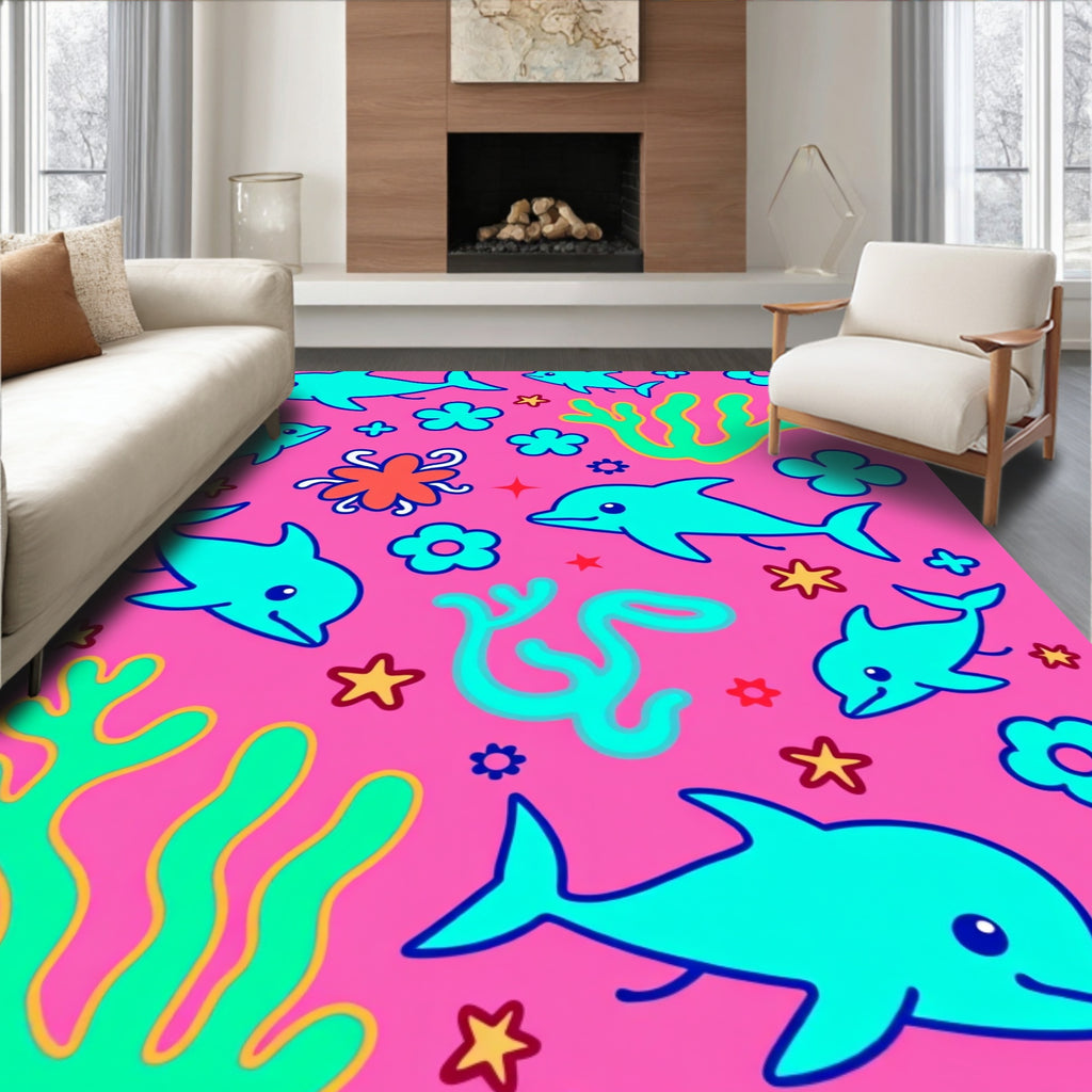 Aqua Dolphins Coral Garden Pink Background Rug
