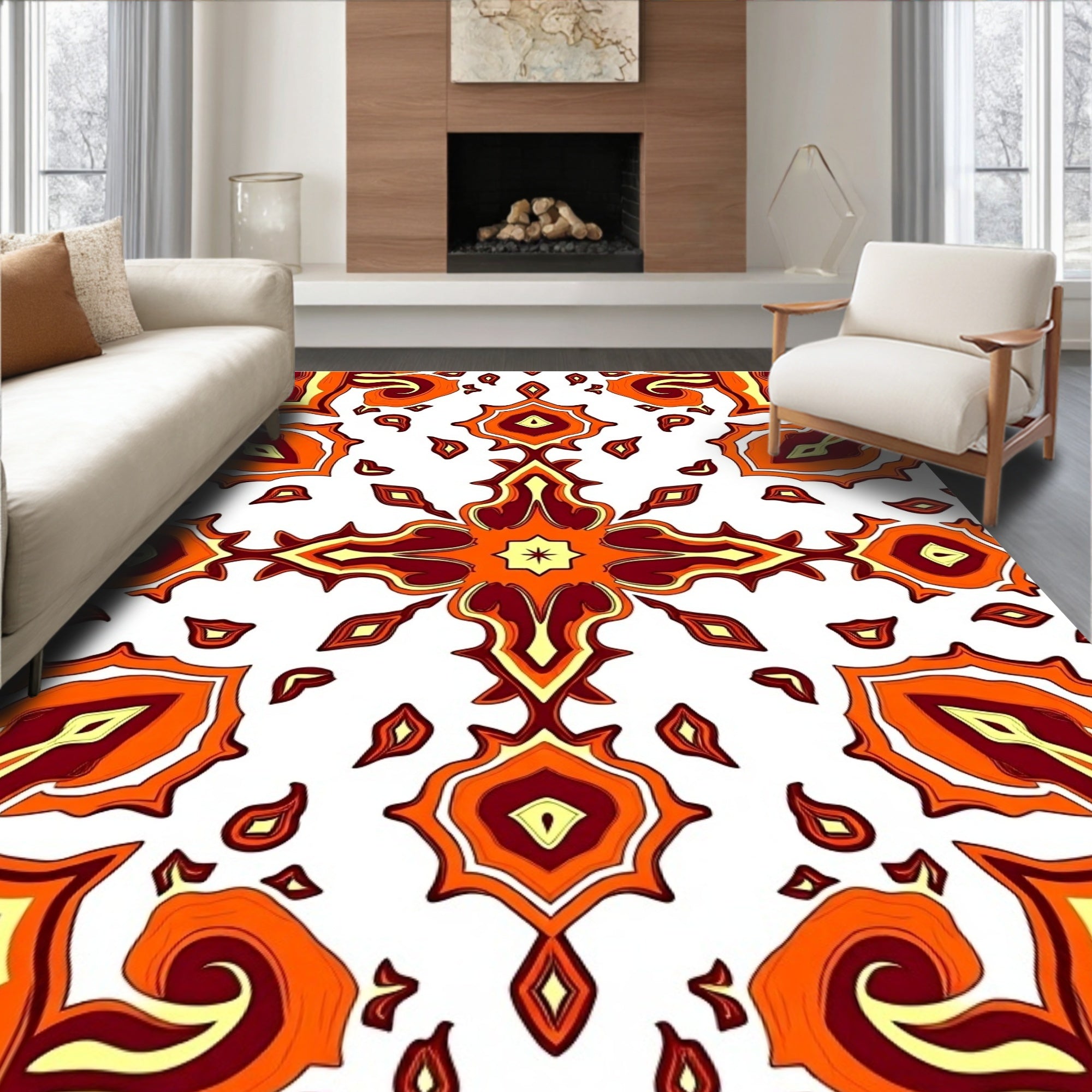 Fiery Orange Jewel Tiled Mandala Rug