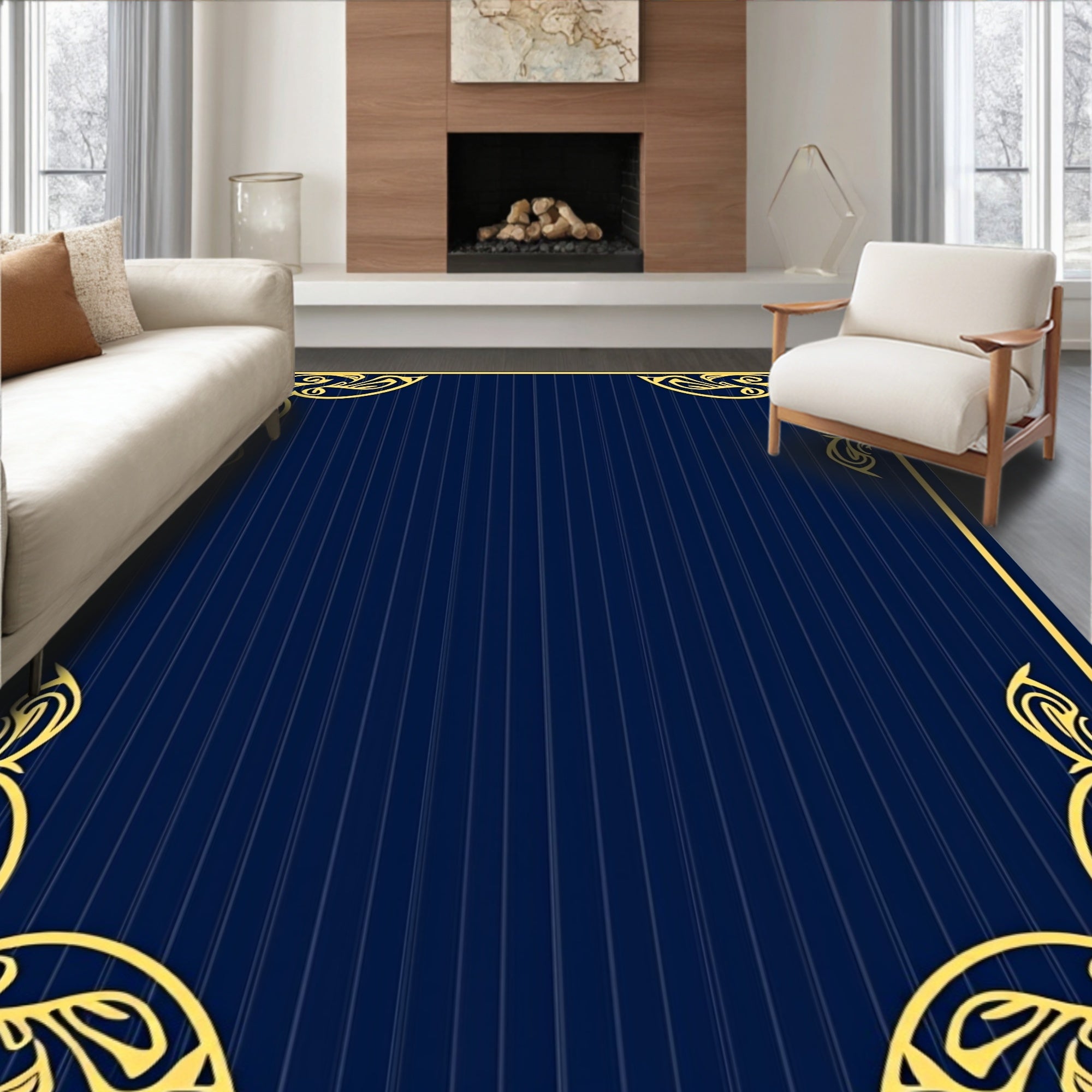 Ornate Gold Border Navy Pinstripe Rug