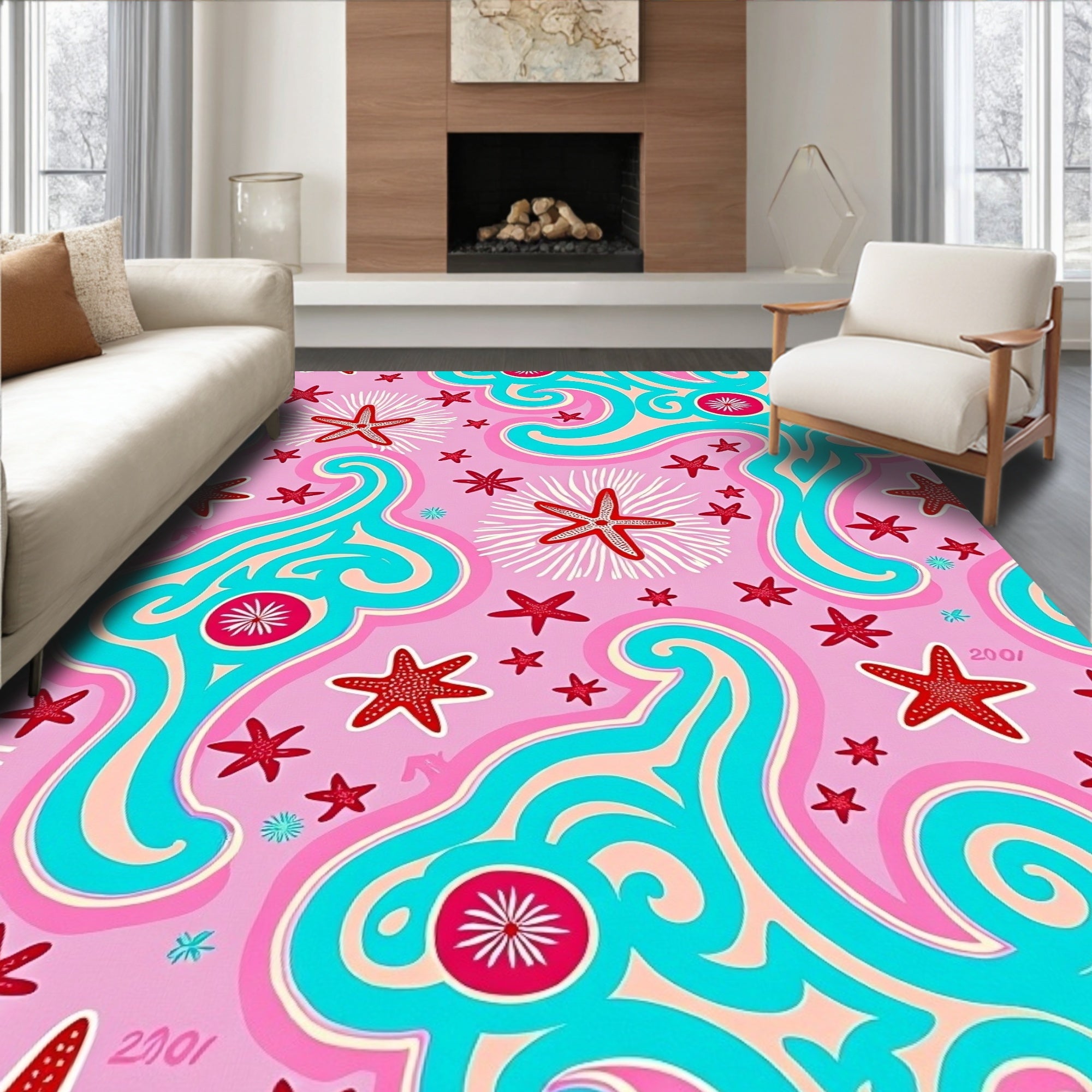 Whimsical Pink Red Starfish Waves Rug