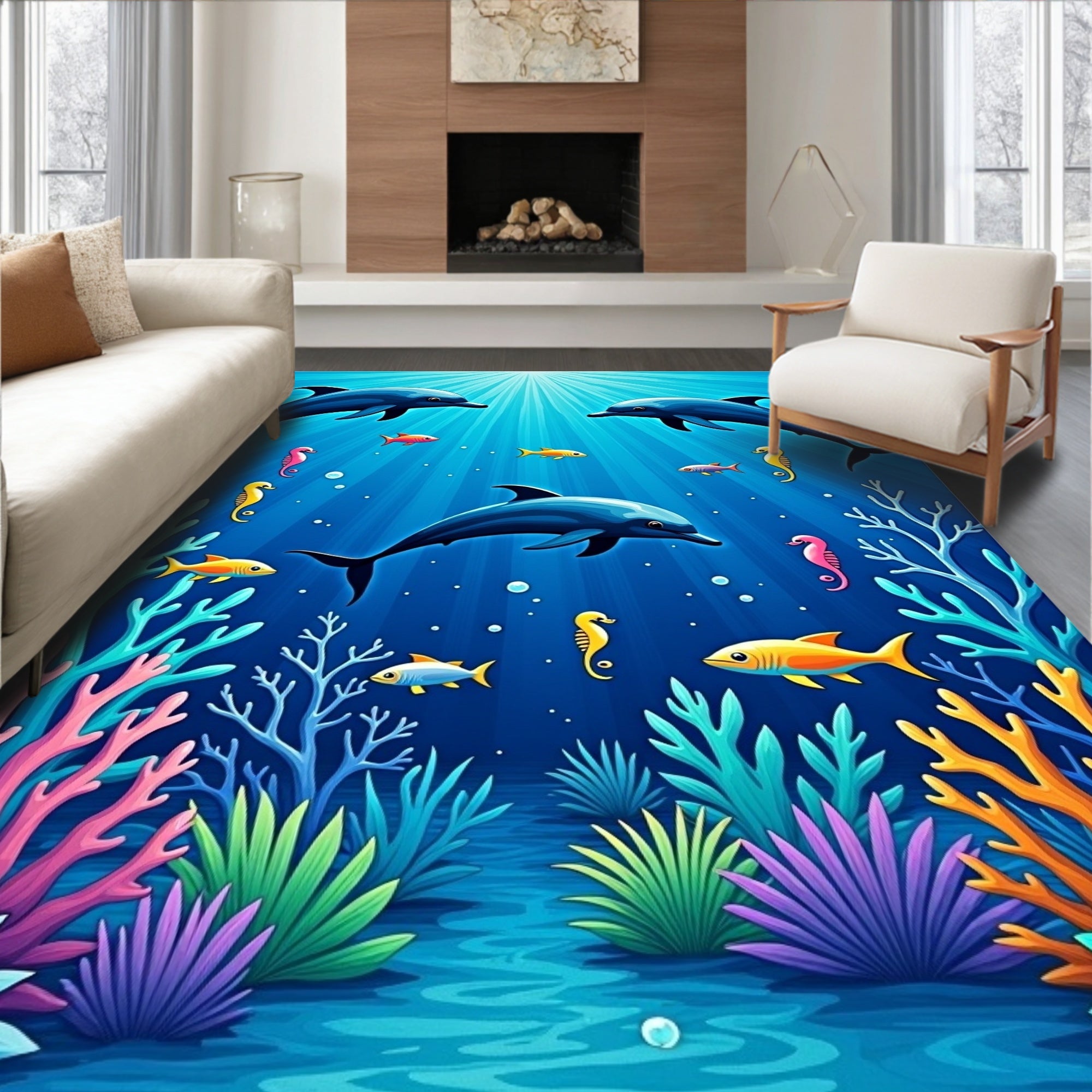 Vibrant Blue Dolphin Seahorse Coral Scene Rug