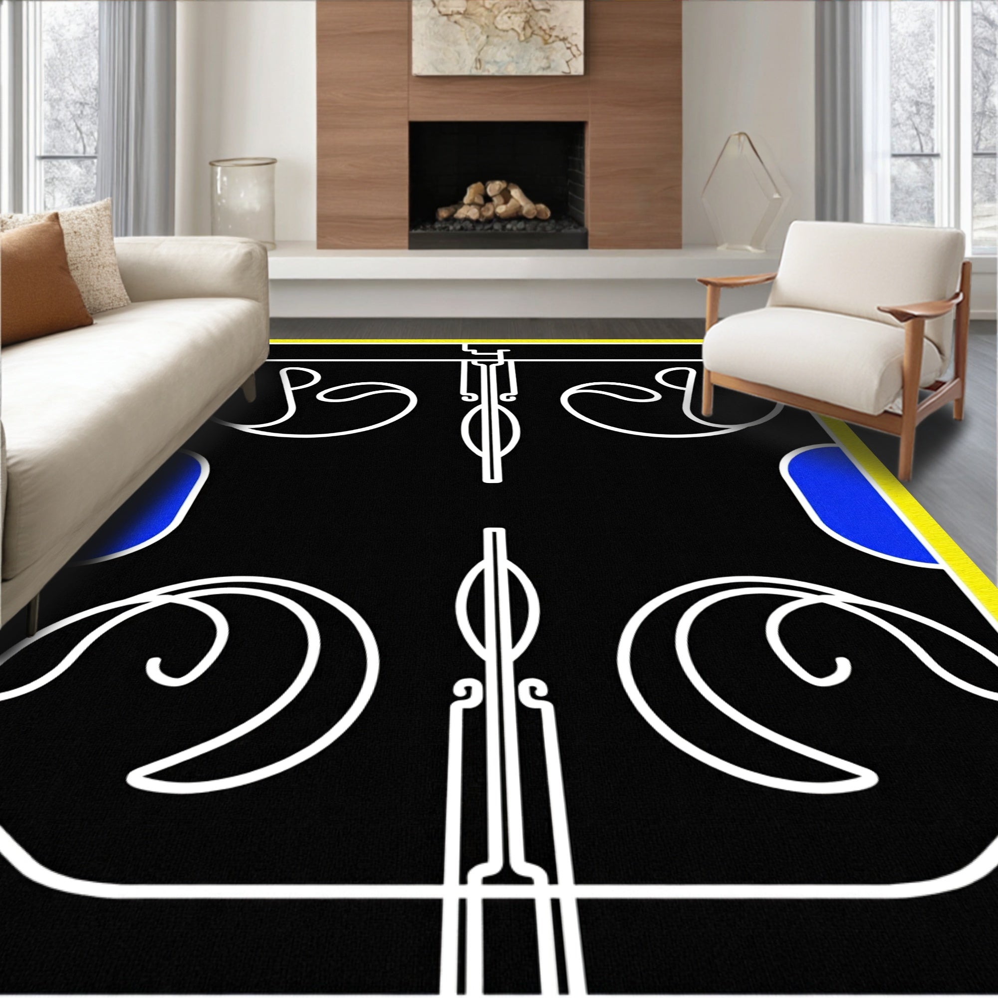 Black White Yellow Blue Geometric Flow Rug