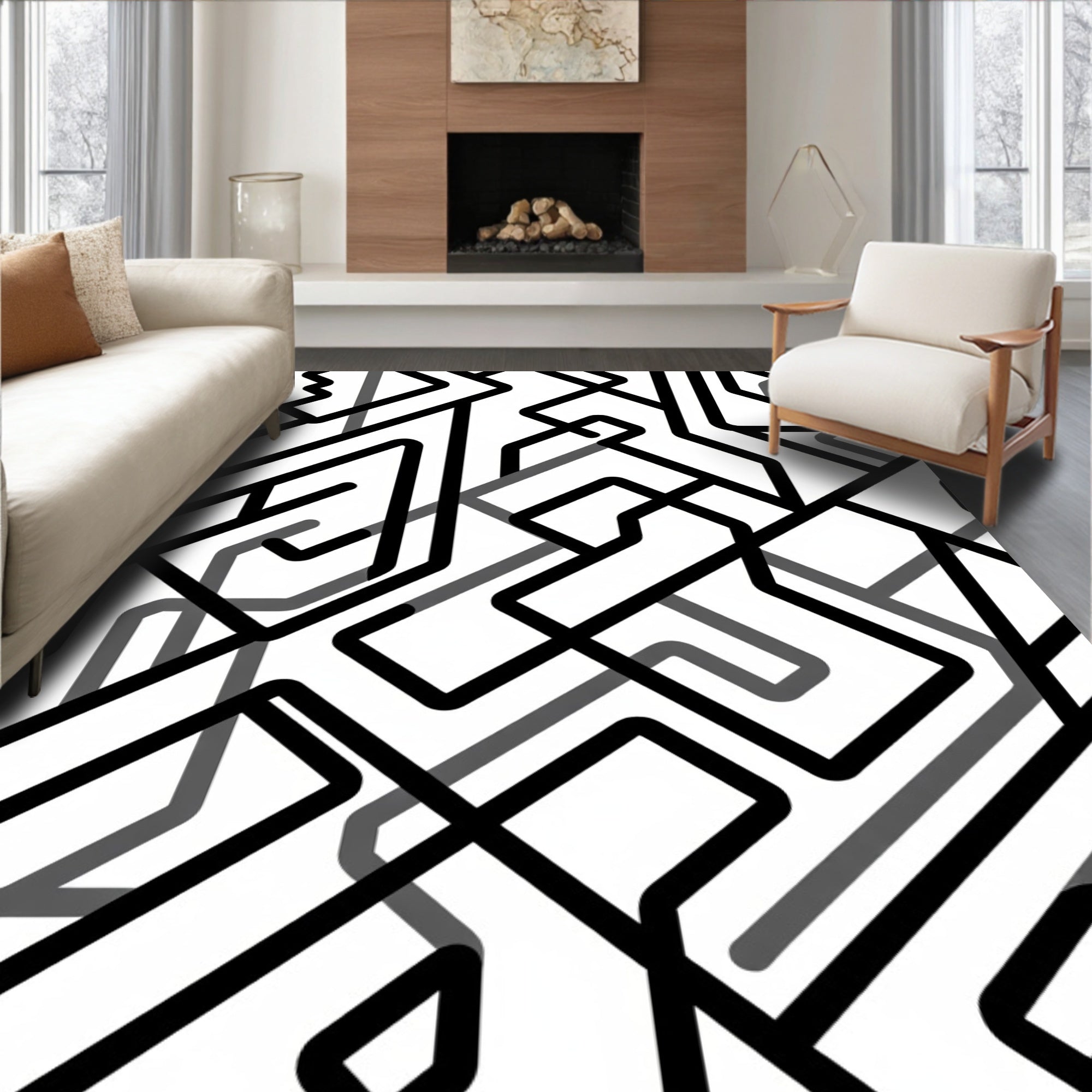 Monochromatic Abstract Labyrinth Lines Rug