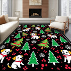 Festive Dogs Trees Snowflakes Black Rug
