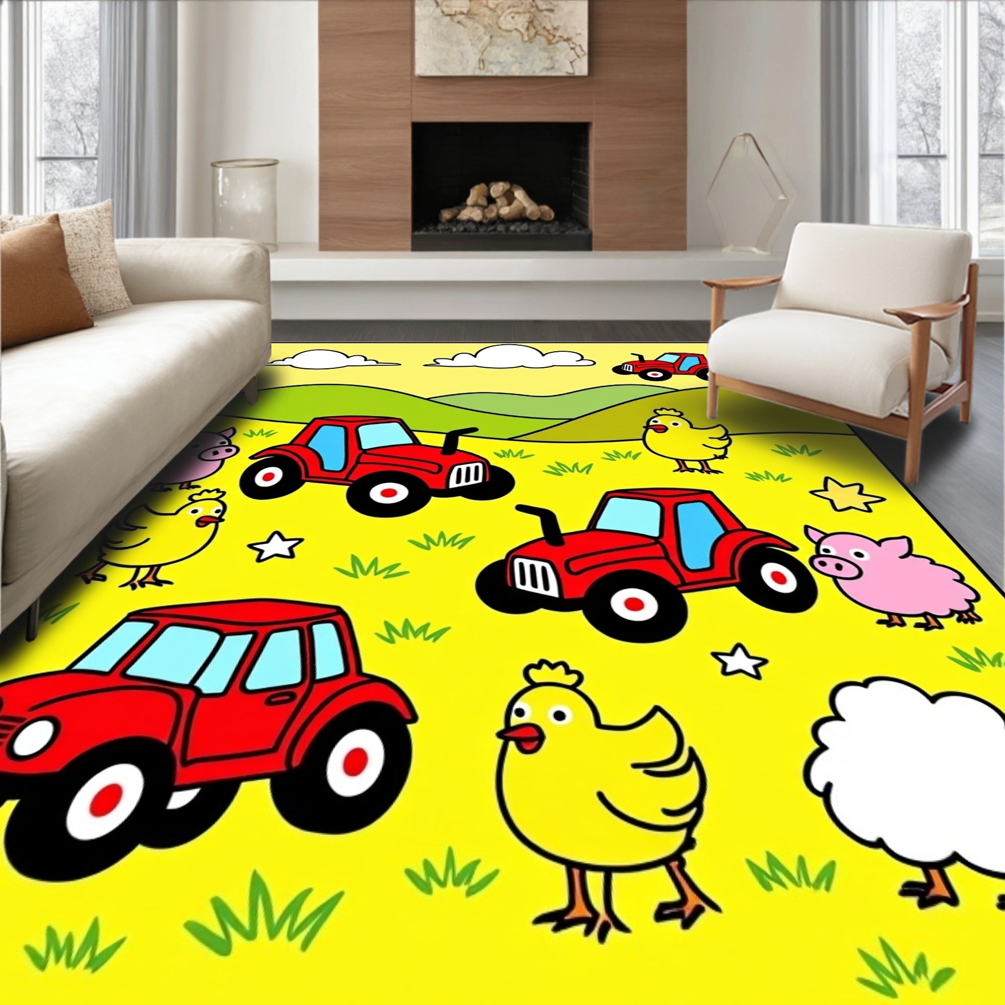 Farm Animals With Red Tractors Rug