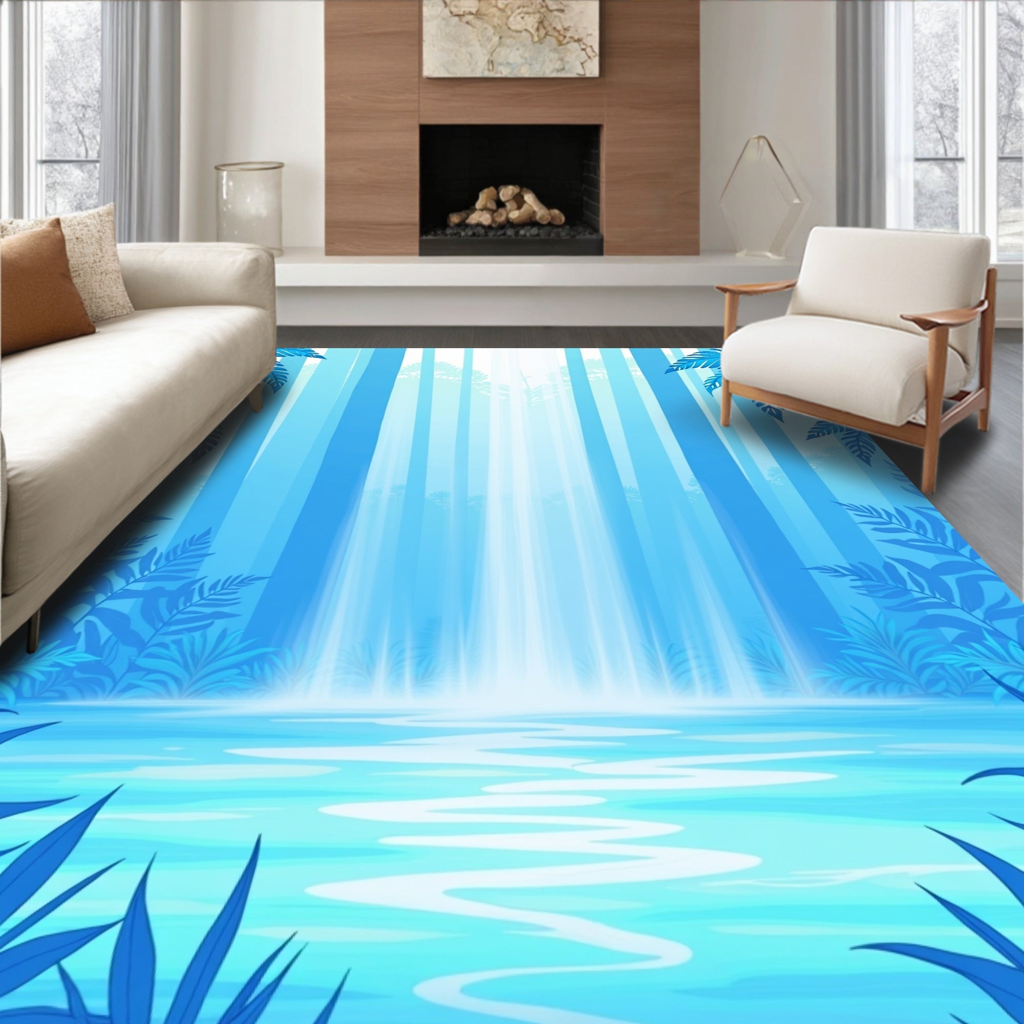 Serene Blue Waterfall Jungle Oasis Rug