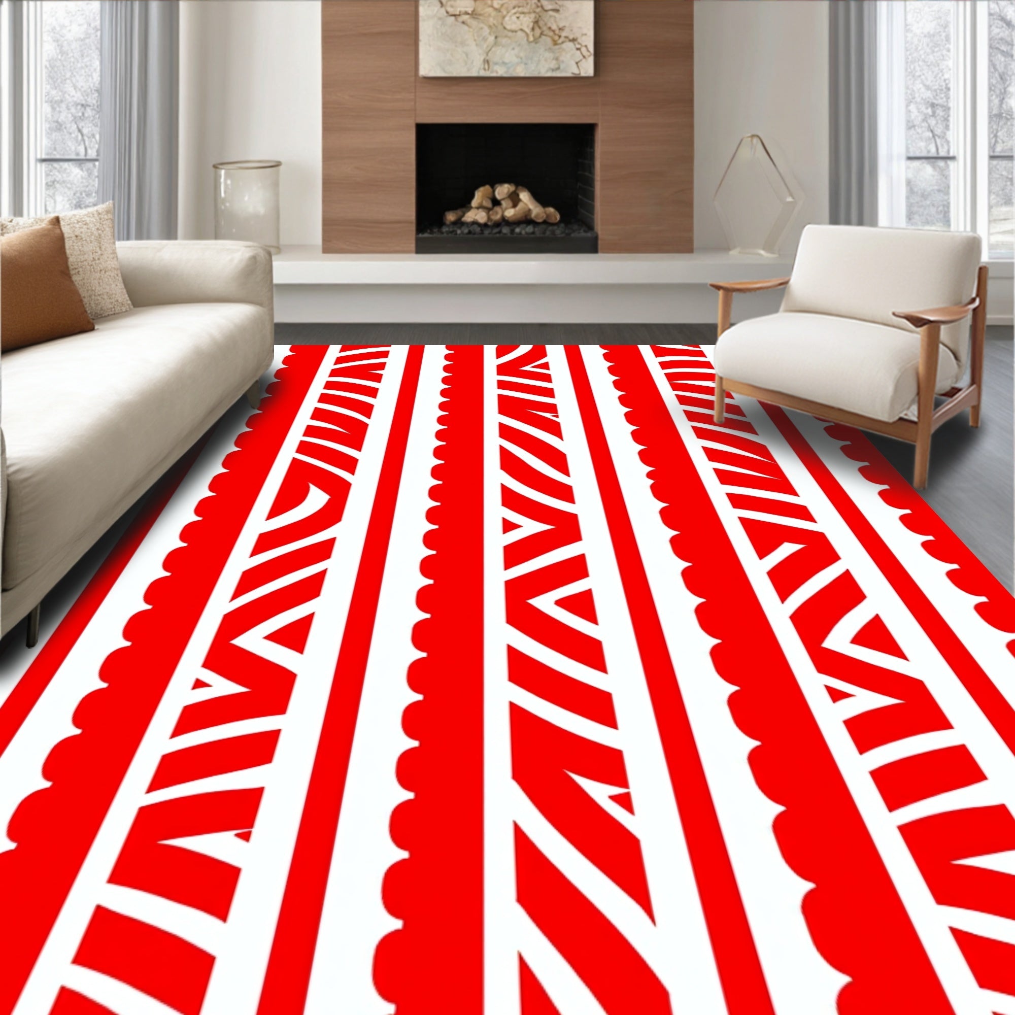 Bold Red White Jagged Stripe Rug