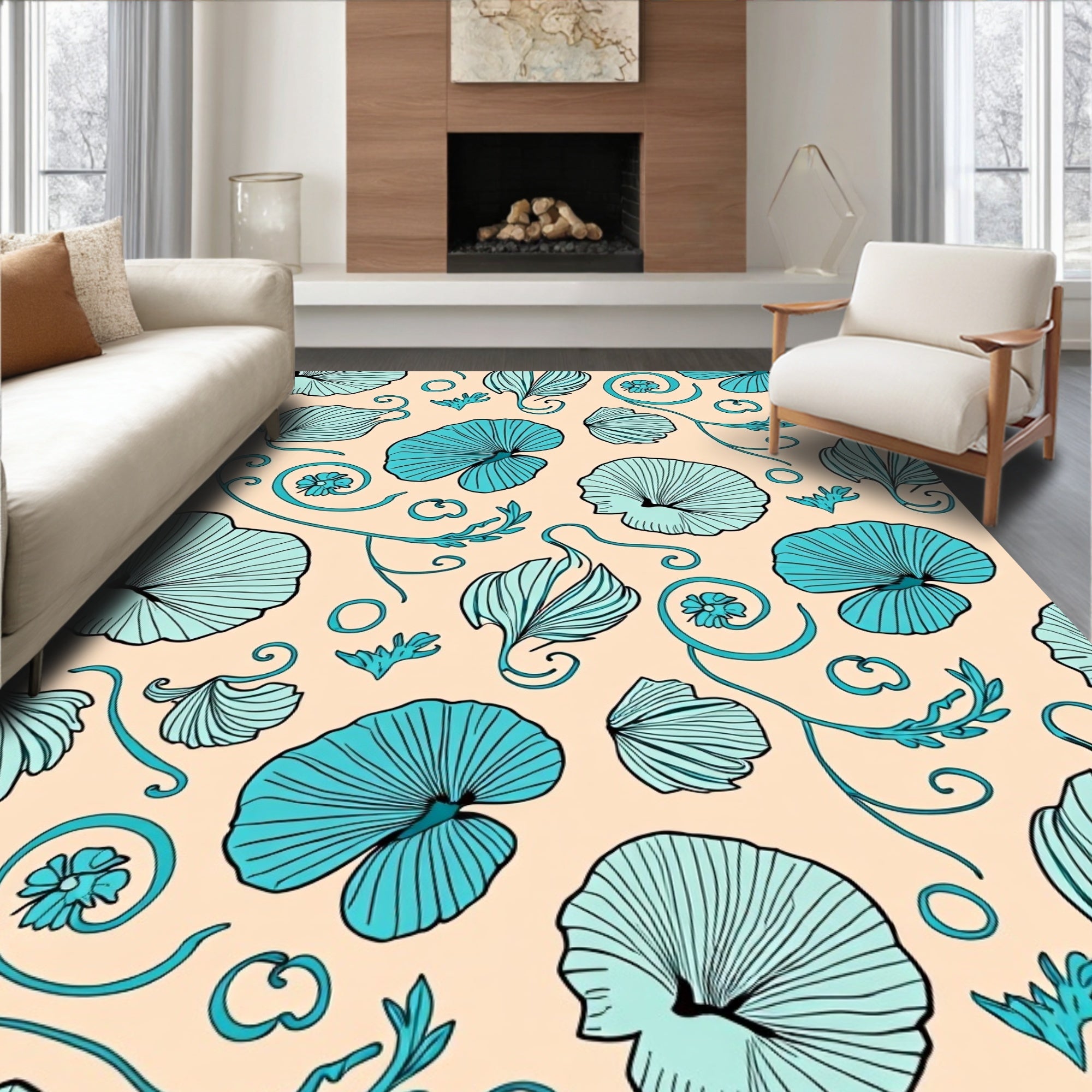 Aqua Floral Scroll Vines Rug