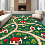 Farmhouse Animals and Houses Green Rug
