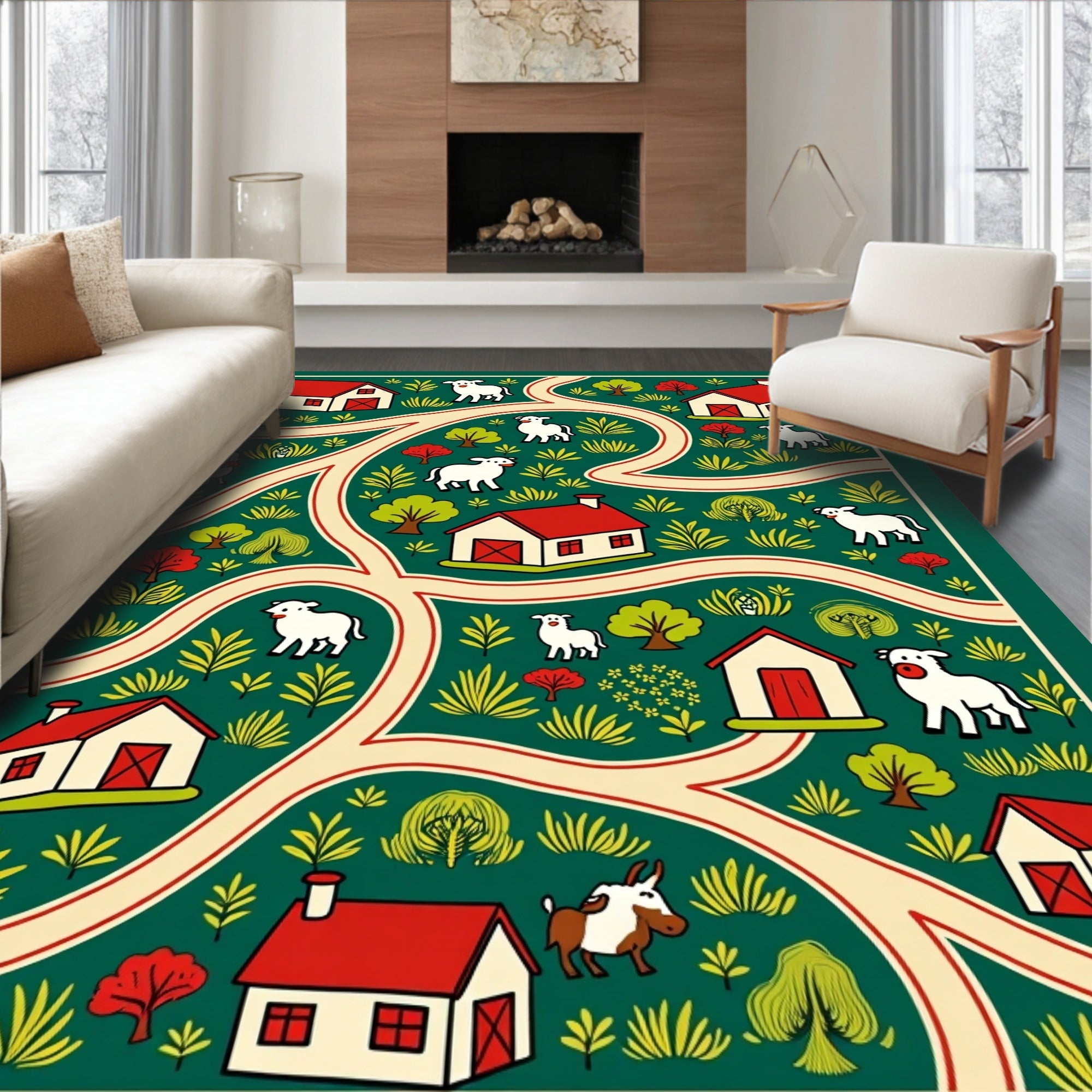 Farmhouse Animals and Houses Green Rug