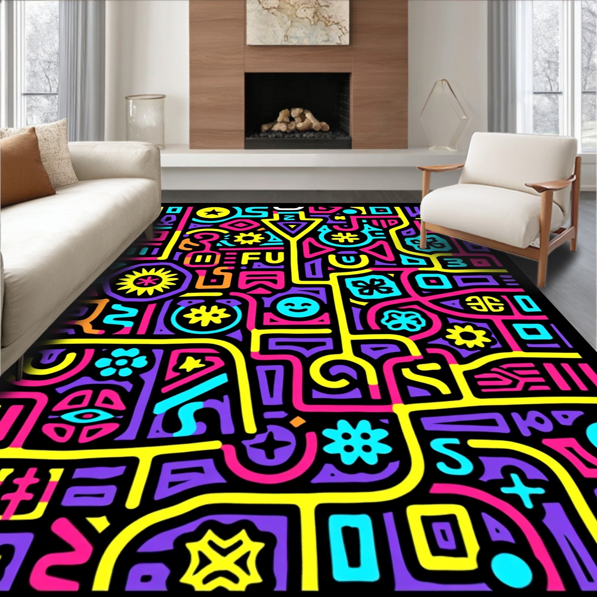 Vibrant Neon Graffiti Maze Rug
