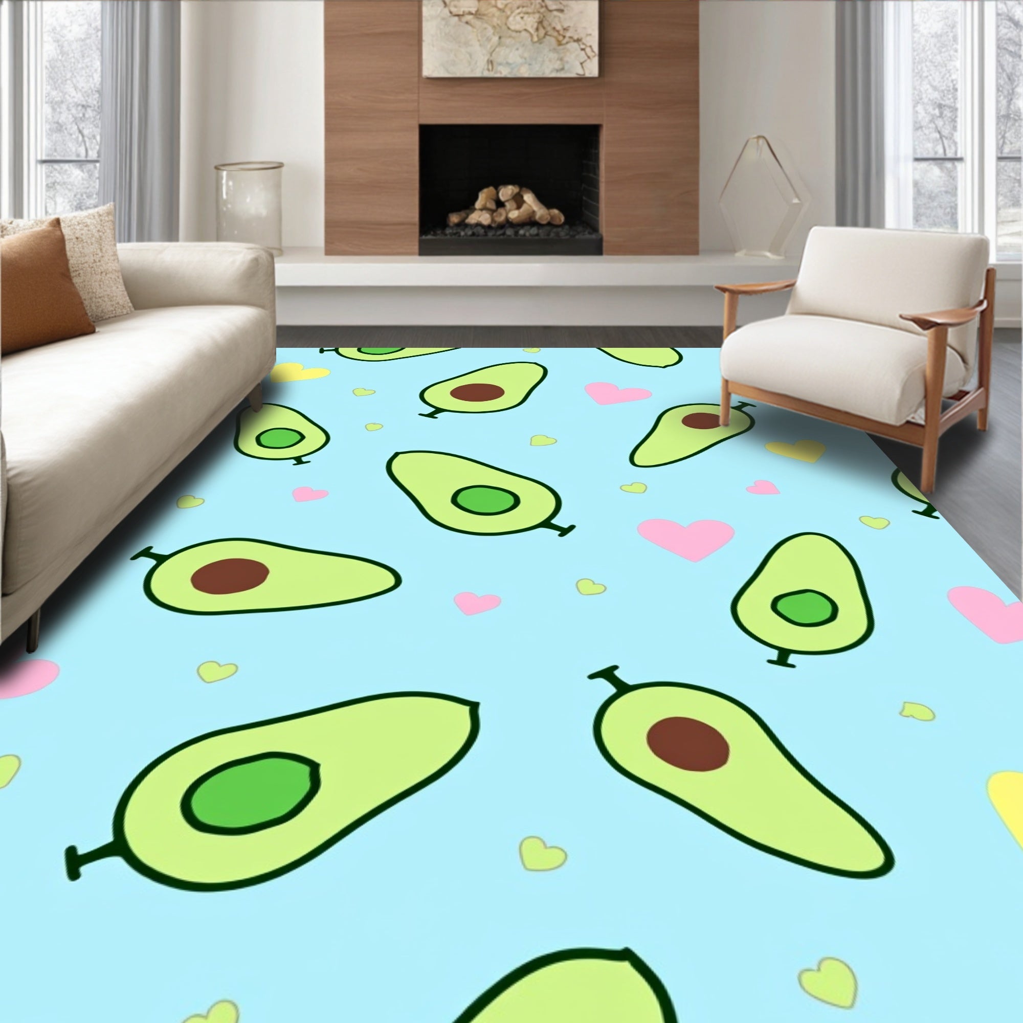 Cute Avocado Hearts Blue Background Rug
