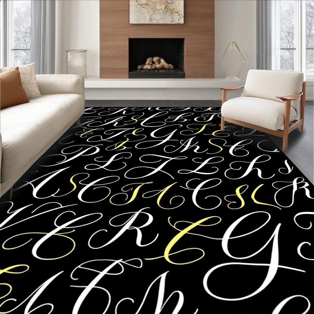 Monogram Black White Yellow Script Letters Rug