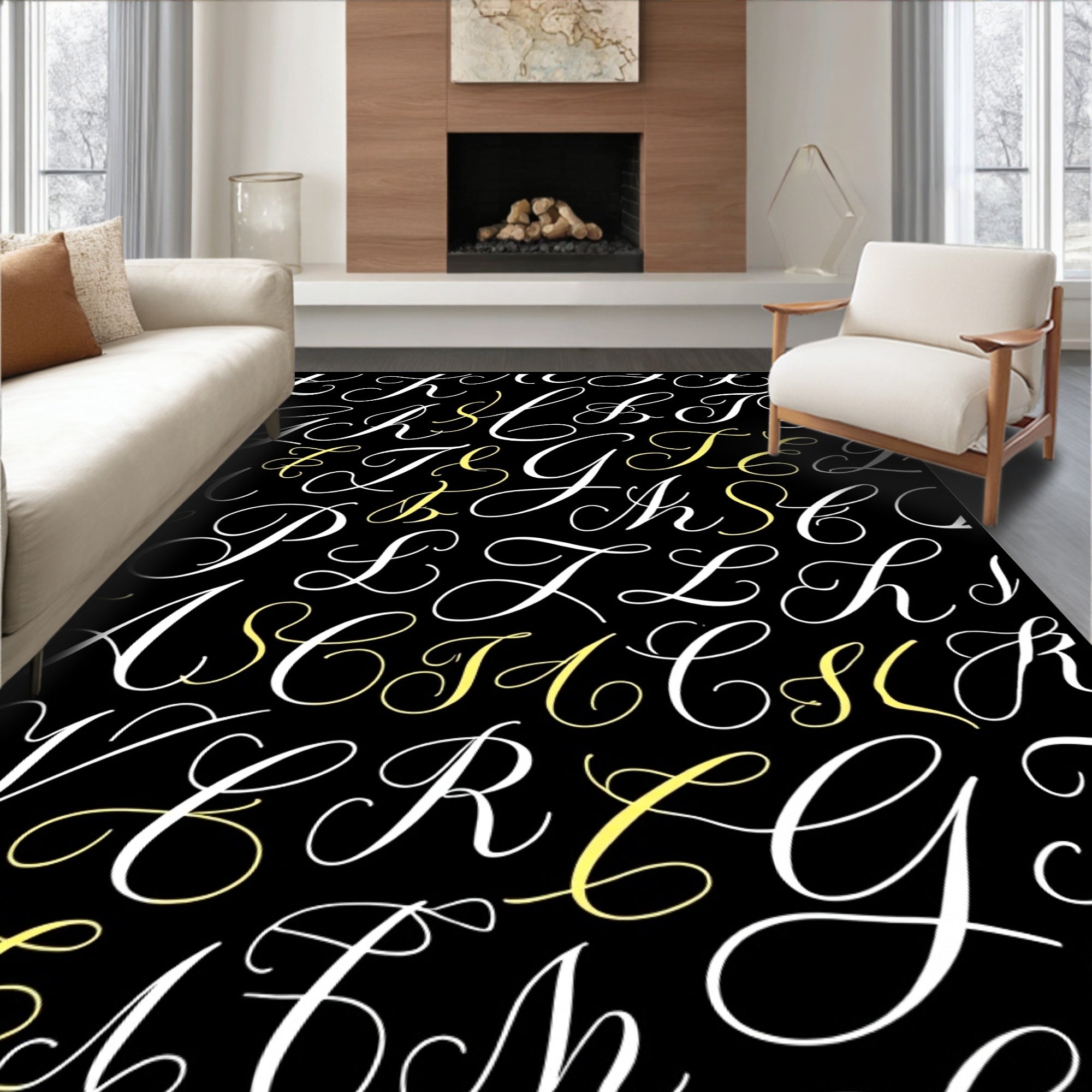 Monogram Black White Yellow Script Letters Rug