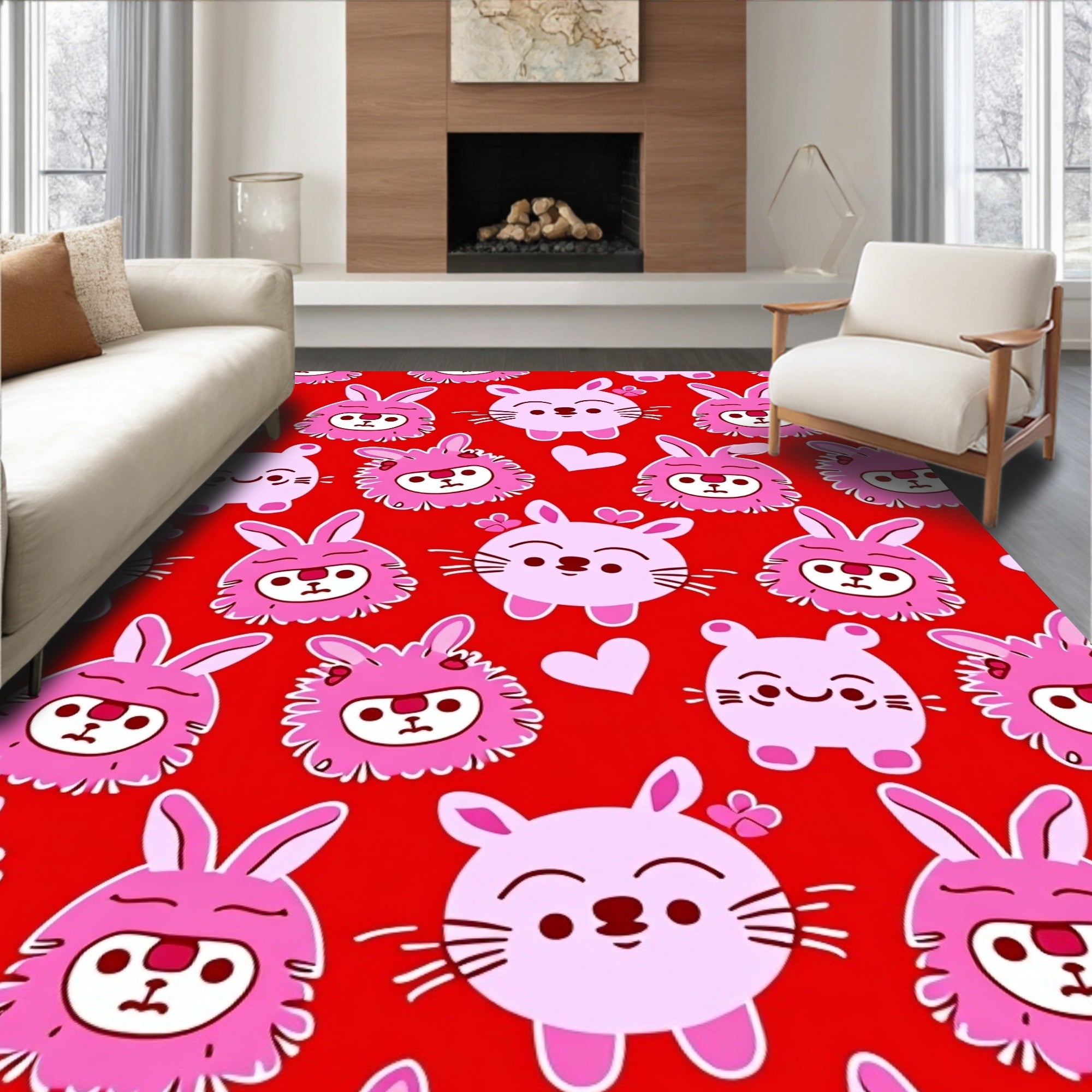 Cute Pink Bunny Hearts Red Seamless Rug