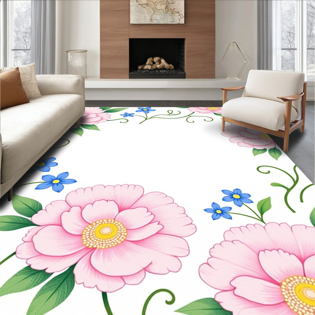 Pale Pink Peony Blue Blossom Garden Rug