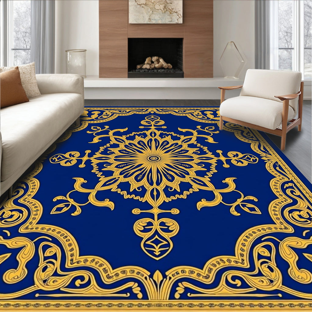 Opulent Blue Golden Bloom Mandala Rug