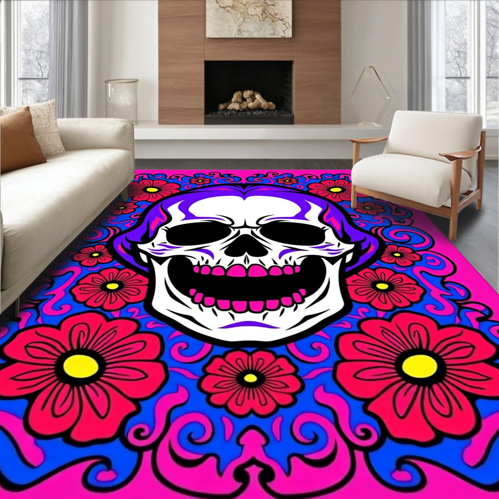 Vibrant Skull Floral Swirl Rug