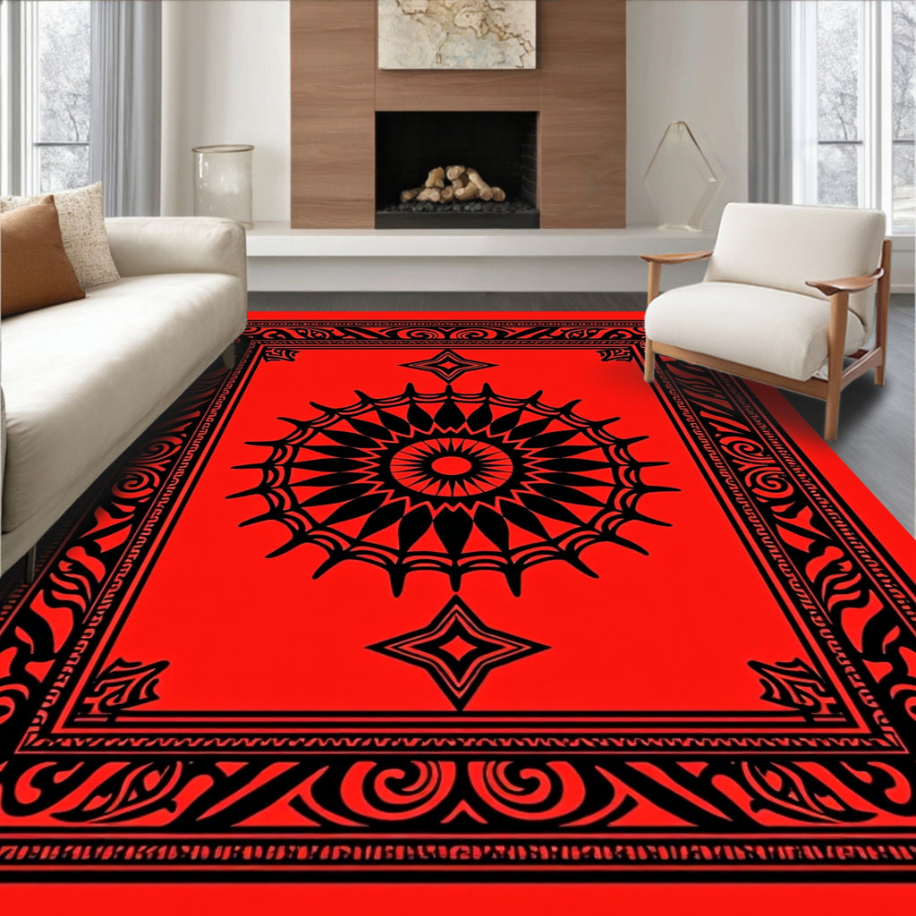 Bold Red Geometric Sunburst Dial Rug