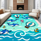 Whimsical Blue Dolphins Hot Air Balloons Adventure Rug