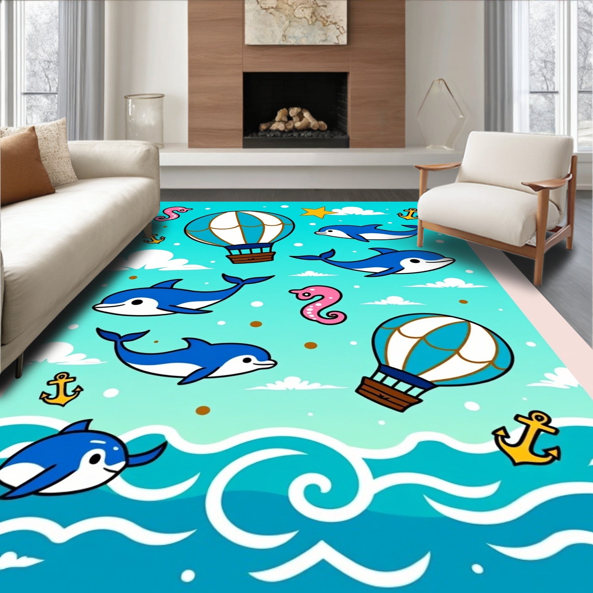 Whimsical Blue Dolphins Hot Air Balloons Adventure Rug