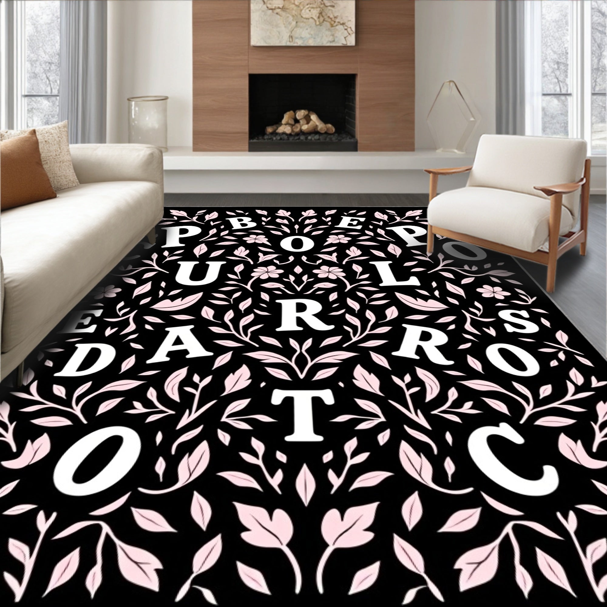Black Floral Scroll Pop Art Rug