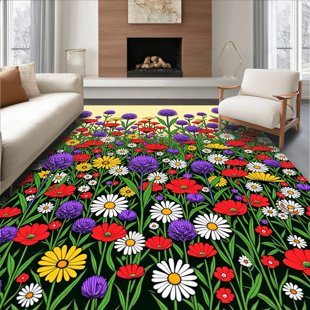 Vibrant Red Purple Yellow Daisy Field Rug