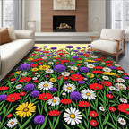 Vibrant Red Purple Yellow Daisy Field Rug