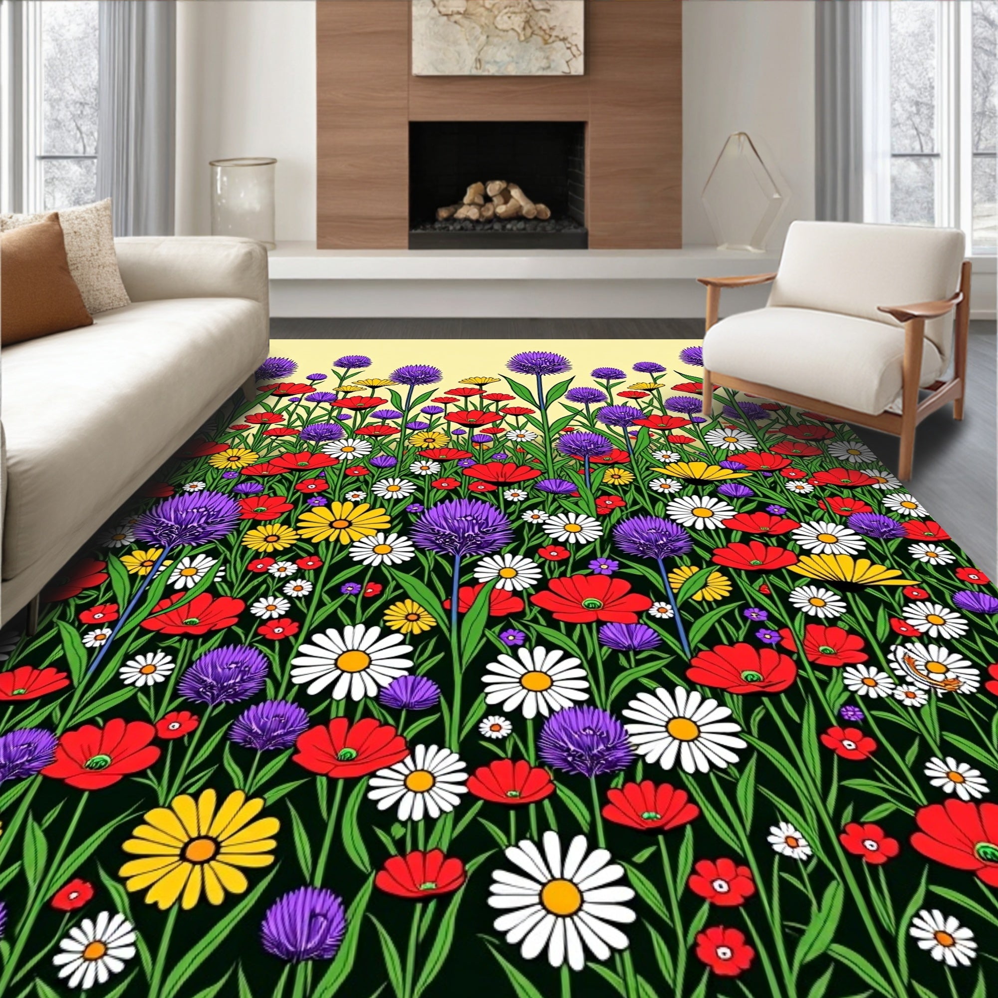 Vibrant Red Purple Yellow Daisy Field Rug