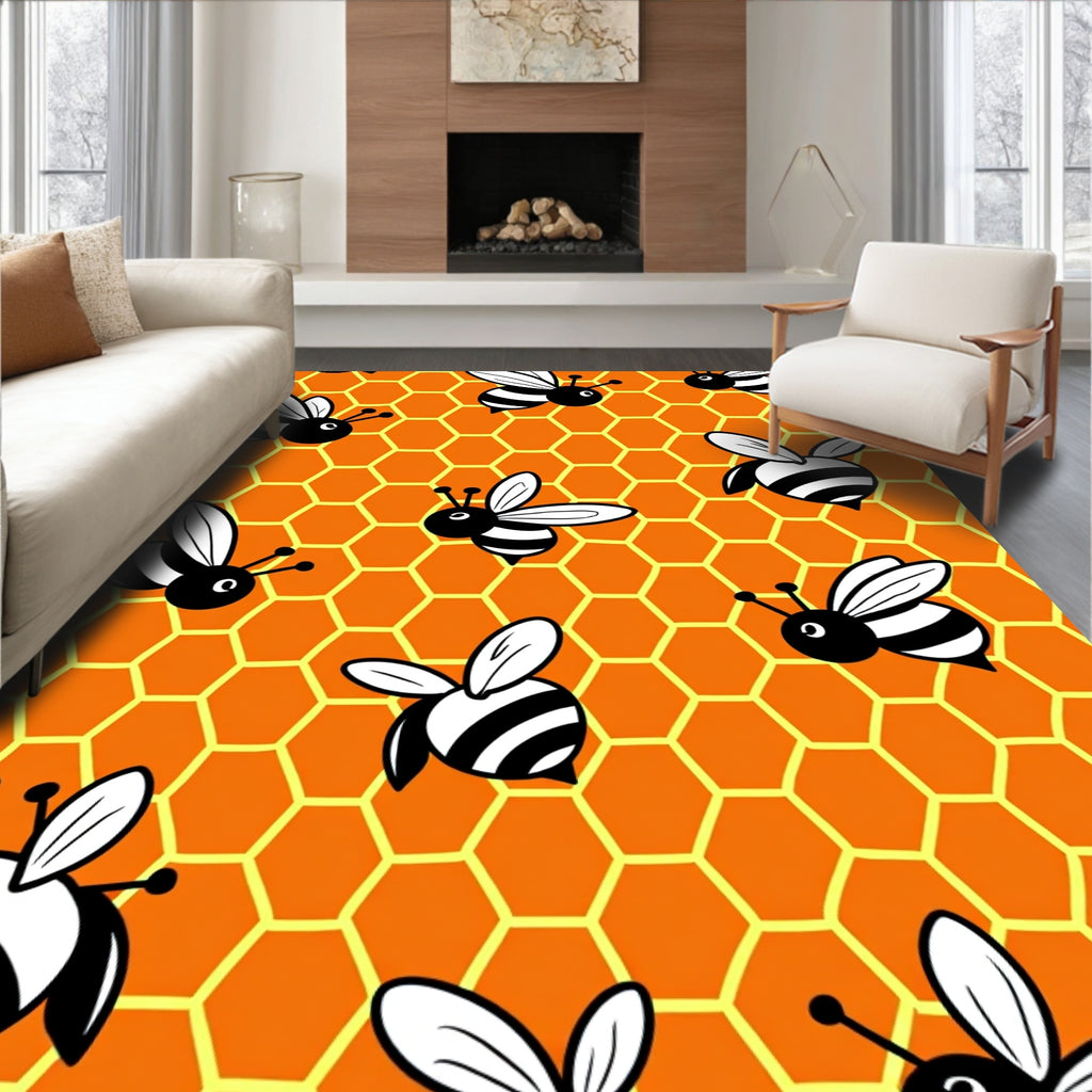 Whimsical Bumblebee Honeycomb Meadow Rug