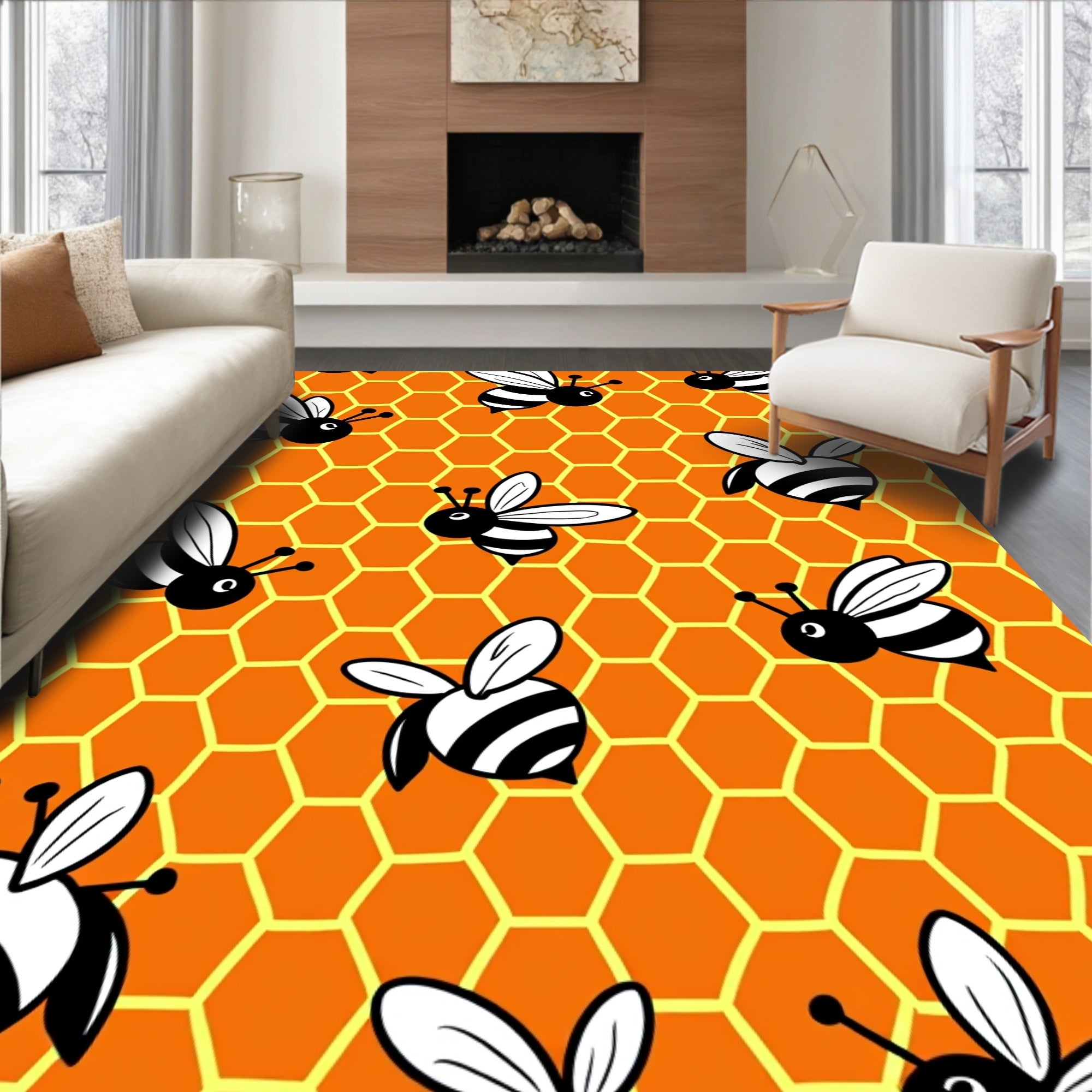 Whimsical Bumblebee Honeycomb Meadow Rug